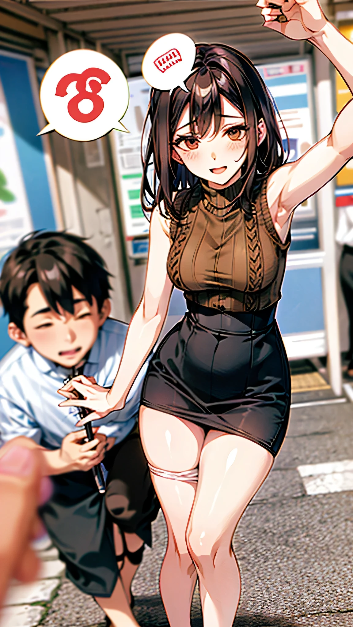 crowd,station home,womanhood,30 years old,adults,Sex appeal,Ahe face,armpit,(( knit )),Turtleneck,((sleeveless)),high heels,((speech bubble)),Standing,pencil skirt,((panty hose))