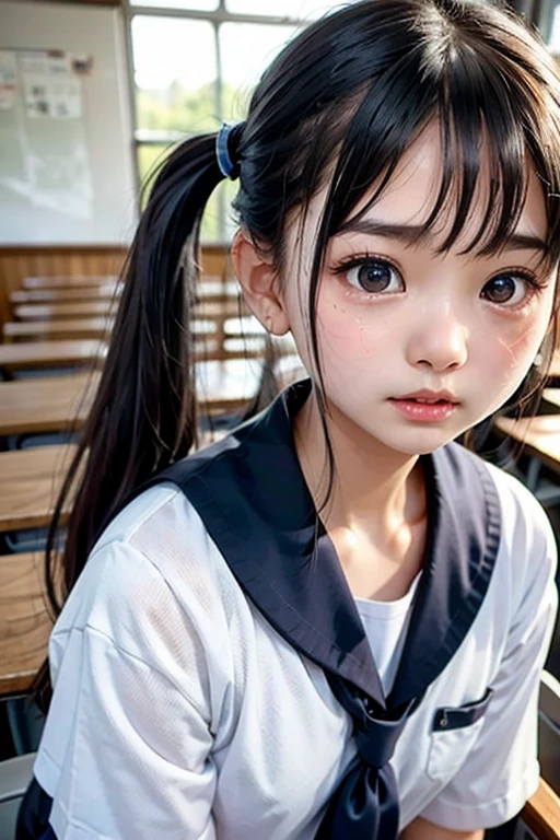 (1 young woman), (very detailed Beau visage), Un visage et des yeux incroyables, (best quality:1.7), (ultra-detailed), (Background&#39;Extremely detailed CG unified 8k display), very detailed, Raw high-definition color photos, photographie professionnelle, Realistic portrait, Un visage et des yeux incroyables, Yeux roses, (school uniform, Mini-jupe plissée:1.3), (Tops with wide open breasts:1.7), Twintails, brown-hair, model, (((bokeh))), profondeur de champs, school, Classroom, (squat:1.7), (transparent lace panties:1.7), View of&#39;down