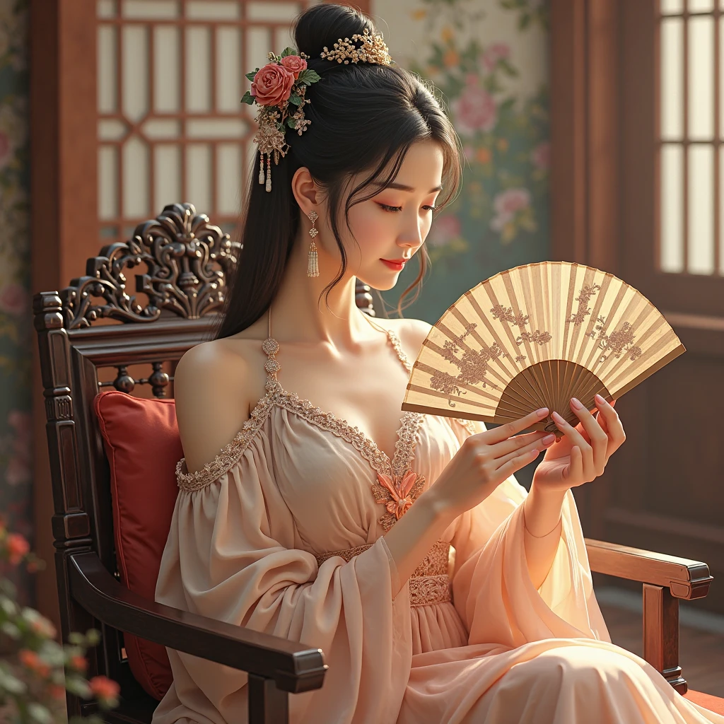best quality,masterpiece,Ultra-high resolution,(photoactual:4：0),emperor bush,A Protea Goddess,Pink long hair shawl,Big breasts,thin waist,Wearing an imperial lace skirt,Sitting on the flower