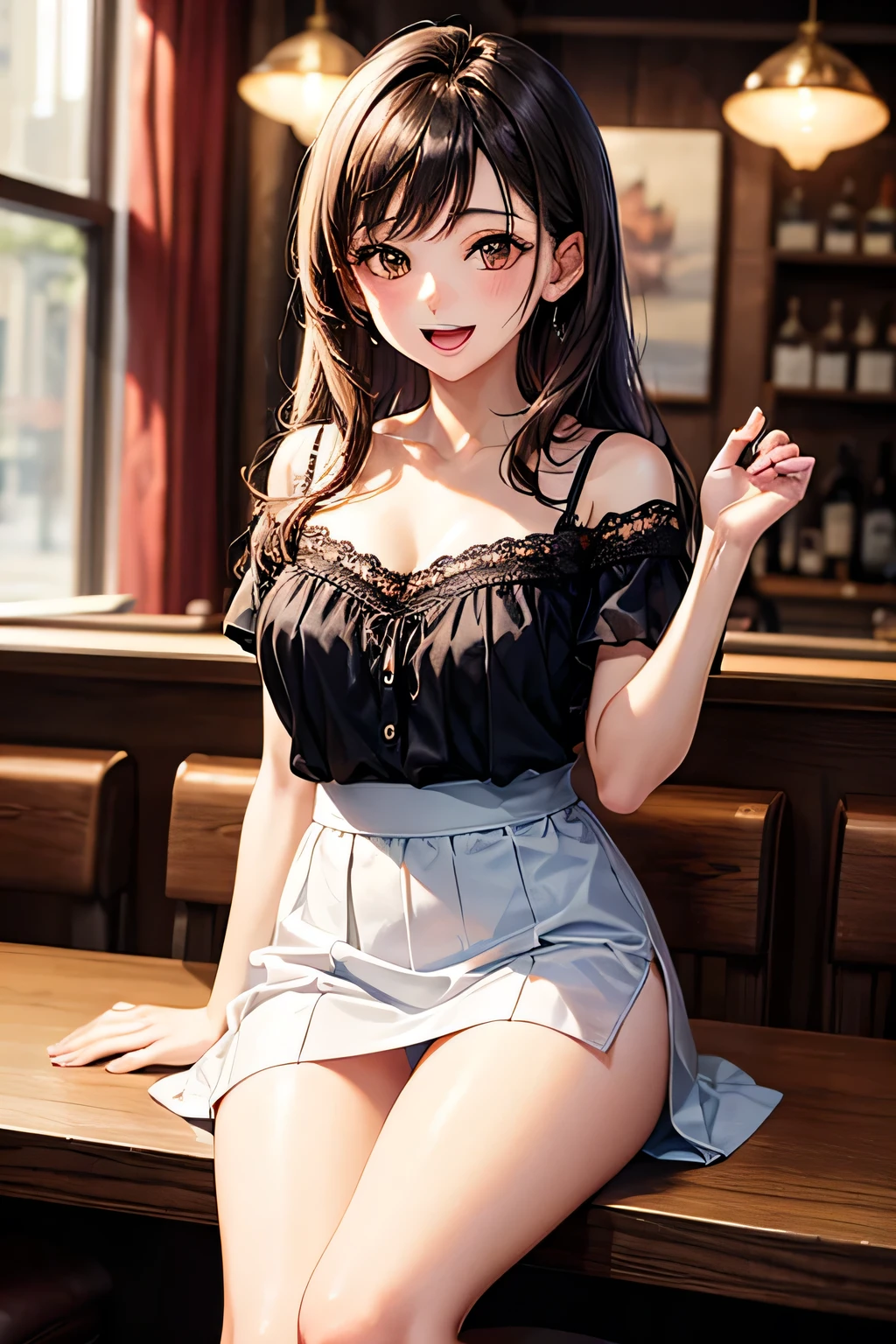 (Increase contrast)、(Increase saturation)、(27 year old super beautiful girl)、(Fair skin)Beautiful woman with perfect figure、Embarrassed face、long hair、Realistic eyes、Natural Makeup、(White tank top、Cleavage、Round and firm breasts)((Very short mini skirt、Knee-high boots)) Brown Hair、((Stylish cafe、Leg spread、Erotic))((Bold、Obscene、Medium full shot from below、between legs、sexy))