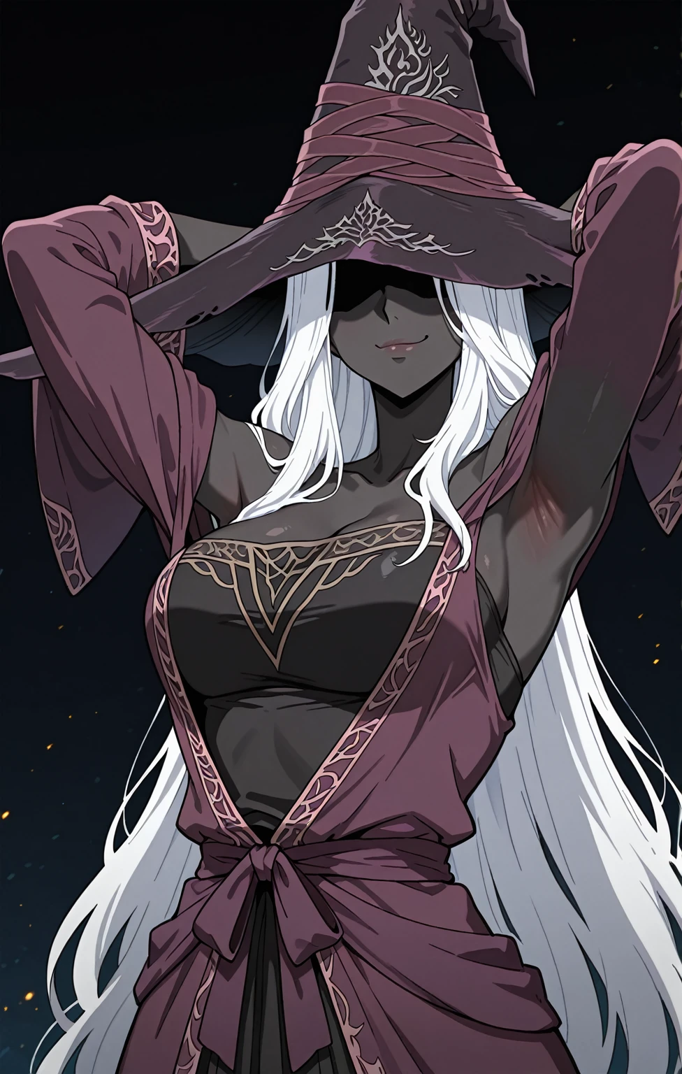 purple clothes, witch, lustrous dark skin