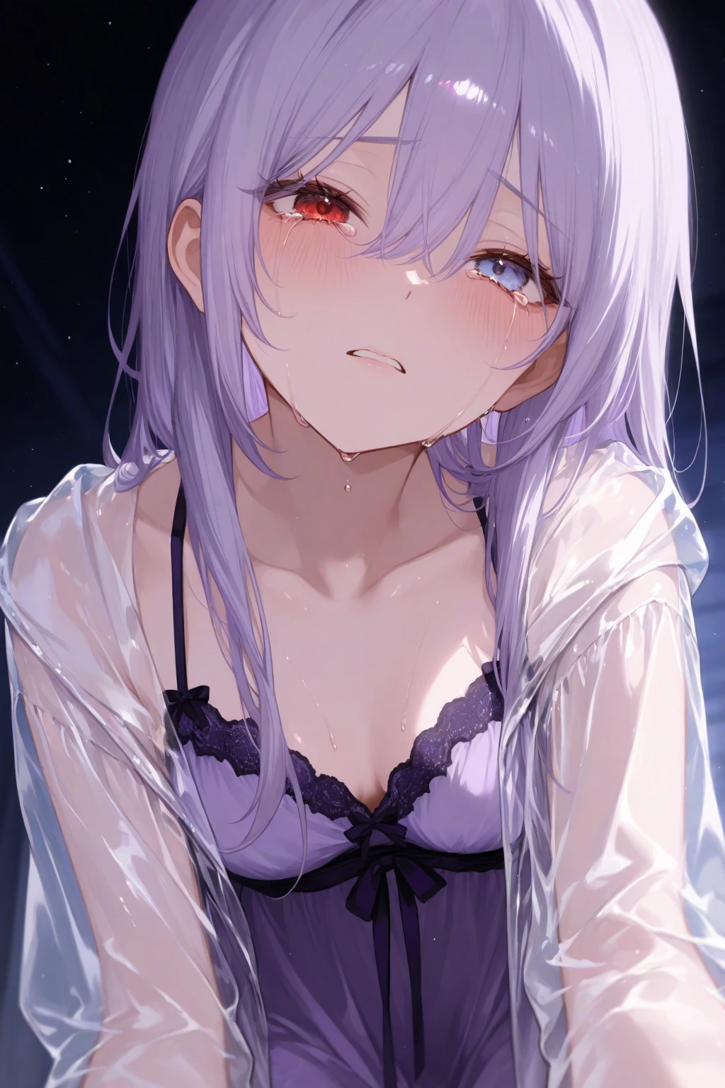masuter piece, Best Quality,Illustration, Wallpaper, ultra -detail, a small face、(((molesting)))、barechested、((shame))、(Teary-eyed)、(((Nothing is worn)))、((Girl being touched by a man))、small cherry color 、Angle from below、ample breasts