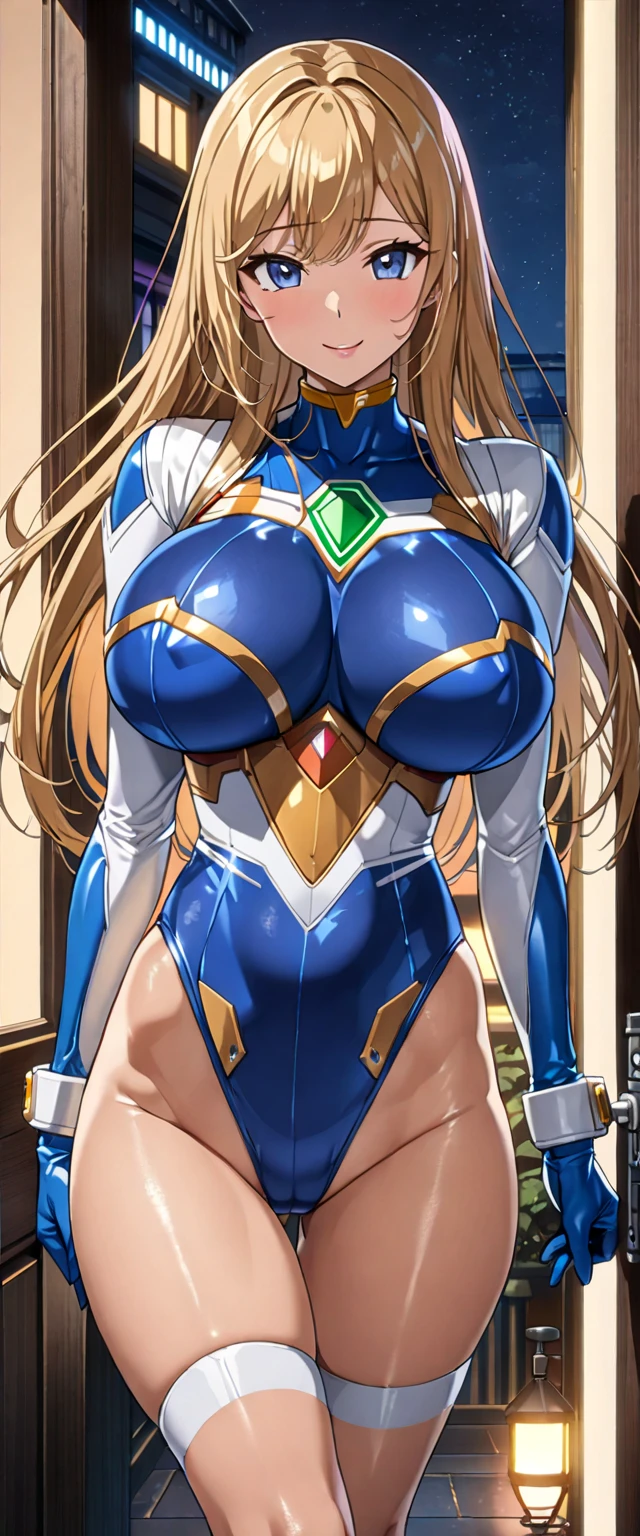 ((masterpiece)), ((Ultra quality)), ((super detailed)), ((high resolution)), ((8k)), a beautiful woman, ((She is one of the most famous actress in Japan.)), unparalleled beauty, ((large breast:1.4)), ((large ass)), ((deep cleavage)), slim waist, chest out, ultra detailed face, perfect skin, (((waist length hair, ((long straight golden hair)), crossed bangs))), ((blue eyes)), detailed eyes, whole body image, sexy, an inviting smile, sensual, (((anime))), ((glamorous)), sexual attraction, 23 years old, ((incredibly beautiful woman)), ((The H cup bust)), (((sexy pose))), ((neat and clean.)), (((Power Ranger))), heroine, (((high leg cut leotard power suit, white line on blue colored power suit))), ((beautiful breasts)), beautiful legs, 8 life size, anime:1.4, the most beautiful and strongest, ((charm)),