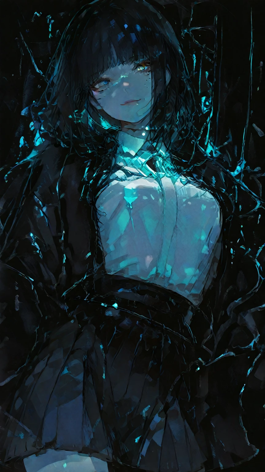 masterpiece, Best Quality, Illustration, Ultra-detailed, finely detail, hight resolution, 8K Wallpaper, Perfect dynamic composition, Beautiful detailed eyes , Sexy face,Face feeling ecstasy,Face at the peak of sexual arousal, looking at viewer, ((Dark background)), in the style of Mark Demsteader,