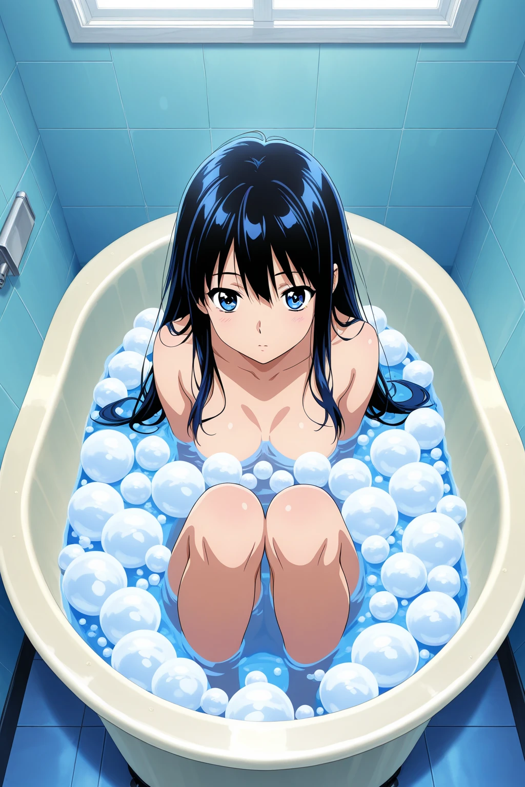 masterpiece, (best qulaity:1.3), 8K, wallpaper, depth of field, beautiful detailed eyes, (1girl, rio (blue archive), red eyes, blunt bangs, long hair, black hair, halo, hair ornament, (bathroom, tile wall:1.3), medium breasts, legs, (cleavage:1.2), nipples, looking at viewer, closed mouth, emotionless, completely nude, sitting, (pov, bathing, partially submerged:1.4)) <lora:Rio:0.5>