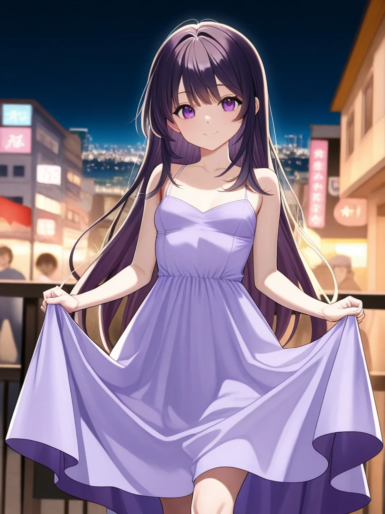 detailed, (masterpiece:1.2), (pale_skin:1.2), (alone:1.2), (woman), thin, (Shine_eye), Long Hair, bangs, Black Hair, Outdoor, No sleeve, black eye, Love Hotel、eyeの間の毛、Naughty look、mocking expression、eyeが光る
