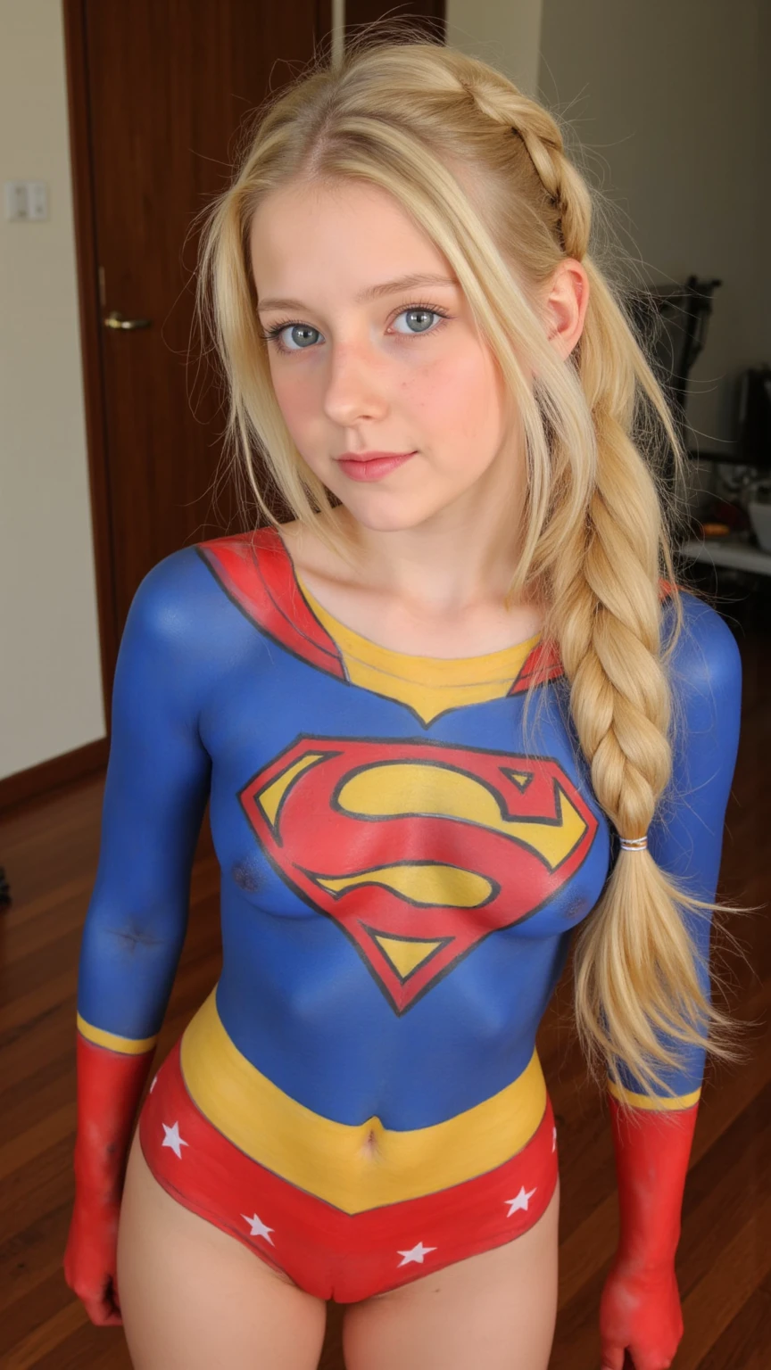 (Nsfw), best quality, expressive eyes, perfect cute face, 18yo girl, cute, short wavy hair, platinum blonde, with Pigtails, blue eyes, freckles on her face, wearing a supergirl TAS costume, hard nippy, lift mini skirt, lifted by self, without pantie, standing, fullbody. granblue fantasy style. Sexy