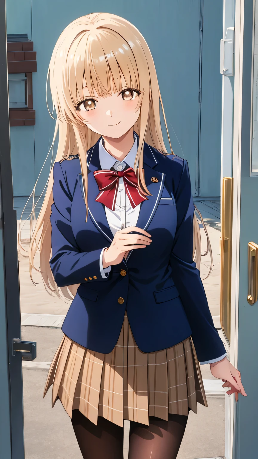 {{{masterpiece}}}, (best quality:1.5), (ultra-detailed:1.5), {illustration}, {{an extremely delicate and beautiful}}, (beautiful detailed eyes:1.5), absurdres, highres, extremely detailed face, 16k, hd, visual anime de uma jovem mulher, extremamente bonito rosto de anime, anime melhor garota, (perfect hands, perfect anatomy), anime face, Shiina Mahiru(The Angel Next Door Spoils Me Rotten), aamahiru,1girl, solo, cute face, long hair, Blonde Hair, (Brown eyed:1.5), (High resolution eyes, Beautiful eyes、Light in the eyes), flushed cheeks, Slender, medium breasts, thin waist, big hips, curvaceous, BREAK, red bowtie, (blue jacket:1.1), close jacket, blazer, long sleeves, white shirt, pleated skirt, plaid skirt, brown skirt, (black pantyhose:1.3), thighs, BREAK, cute face, smiling, looking at viewer, apartment entrance, in front of the door, standing, carrying sandwich on tray, sandwich