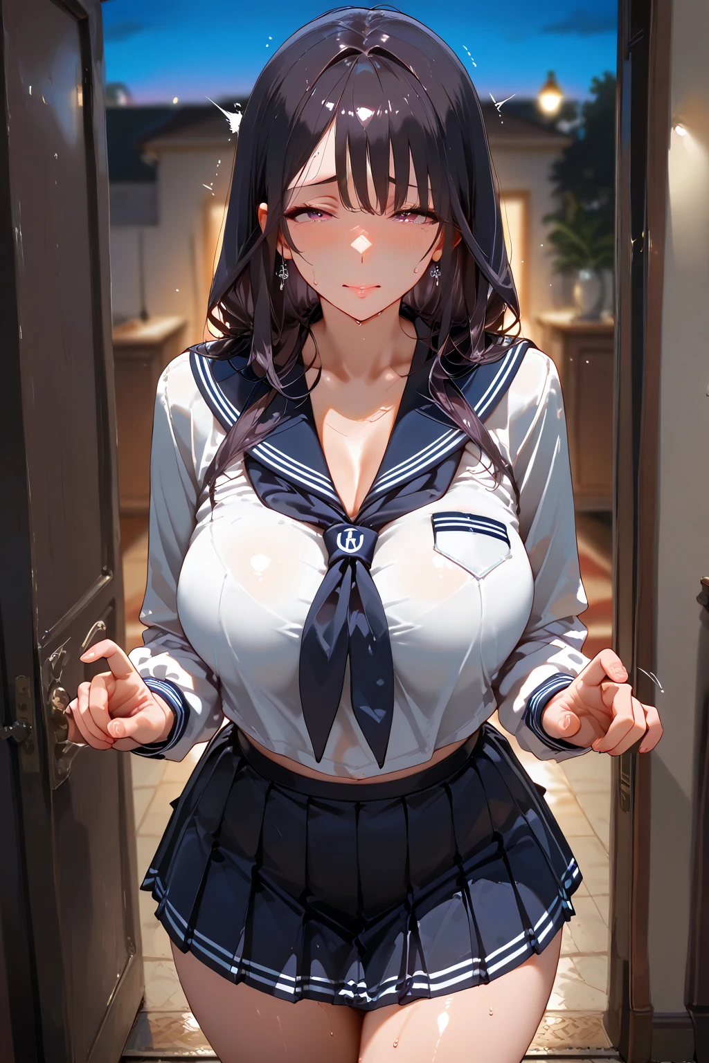 (in 8K), ((ultra-quality)), (looking up), (upward glance), (Bukkake:1.5), (front view), (in 8K), (arms behind head:1.5), ultla highres, Hyper Detailed, High contrast, Ultrafine Strike, creative refinement, absurdres, Realistic, extremely detailed CG unified 8k wallpaper, Highly detailed, High-definition raw color photos, professional photograpy, Realistic portrait, Cinematic Light, Beautiful detailed, 28 years old woman, (realistic skin:1.3), (shiny skin), (Best Quality:1.4), Super Detail, High quality, ​master piece, lifelike, (After SEX), Bukkake, Perfect face, (Sharp Focus), (Cowboy shot), (close up), Delicate Beautiful Hair and Eyes and Face, Delicate eyes, radiant eyes, Lifelike, Hyper-detailing, (Wearing a black sailor uniform with black shirt:1.3), (school costume), (black sailor collar), (black japanese school shirt), (no tie), (no bra), (Sheer areola), (black mini pleated shirt), (white panties), (pussy), (colossal breasts:1.5), (large breasts:1.6), (Beautiful breasts:1.5), (covered breasts:1.5), (wet), (arms behind head), Beautiful cute woman, camel-toe details, (NSFW), wet clothes, pale black eyes, (dark hair), (asymmetrical bangs),