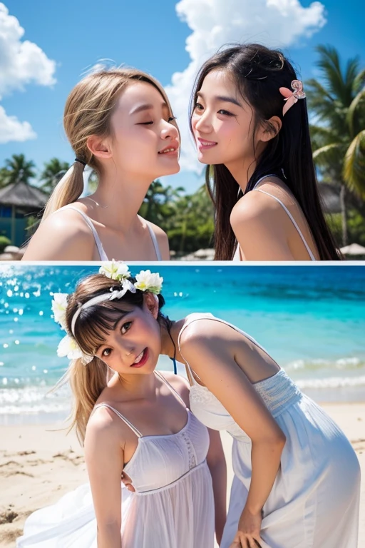 ((((((((Side angle))))))))
8k、RAW Photos、Highest quality、Super detailed、Super Resolution、Ultra HD、8k wallpaper、Amazing details、
Maldives beaches、（(Blue and white floral print micro bikini swimsuit)）、(Drink a cocktail)、blue sea、Blue sky、Palm tree、Blonde、Floating Hotel、((smile))、Full body photo、
(((Floating Hotel)))
(((((Woman Kissing)))))
((red heart necklace))
((((Red heart earrings))))
(((((Three Women)))))
