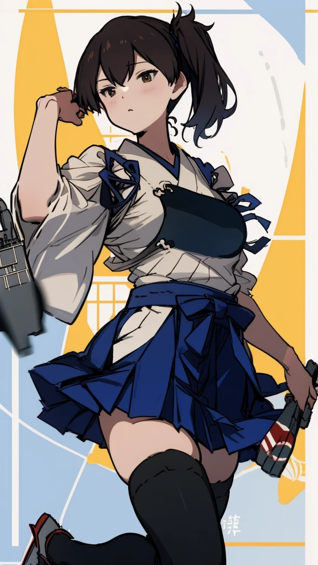 (masterpiece, highest quality) detailed, kaga (kancolle), {{kaga kai ni (kancolle)}}, side ponytail, brown eyes, black long hair, black thighhighs, short skirt, hakama skirt, japanese clothes, , blue hakama, hakama, muneate, tasuki, whole body,Chinese element pattern，thigh，Japanese bow, bow, nsfw
