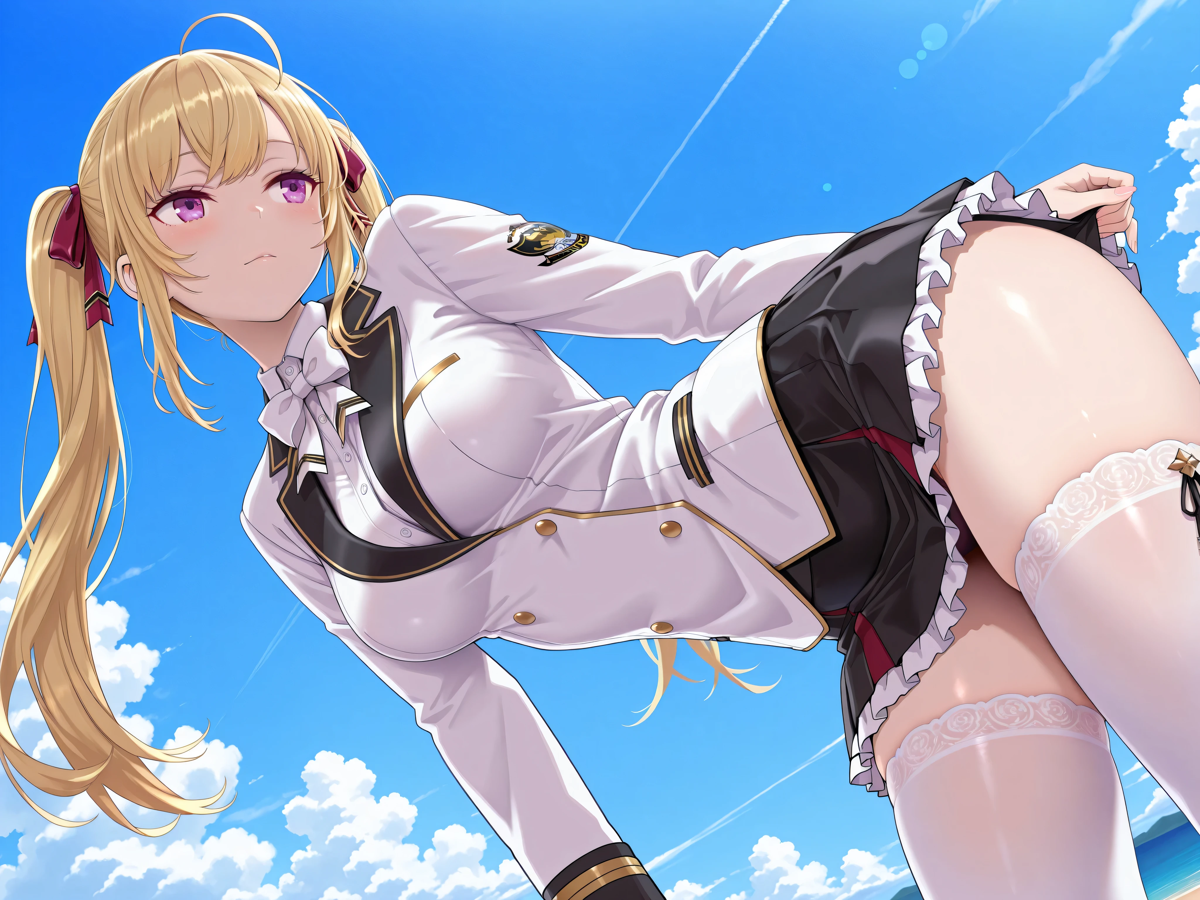 solo,masterpiece,best quality, amazing quality, highres, absurdres, very aesthetic, high resolution, ultra detailed, perfect details,nijirion,medium breasts,purple eyes,blonde hair,twintails,ahoge,hair ribbon,nijirioncos,white shirt,white bowtie,white jacket,black lapels,button,black skirt,frilled skirt,miniskirt,white thighhigh,(masterpiece, detailed:1.2)