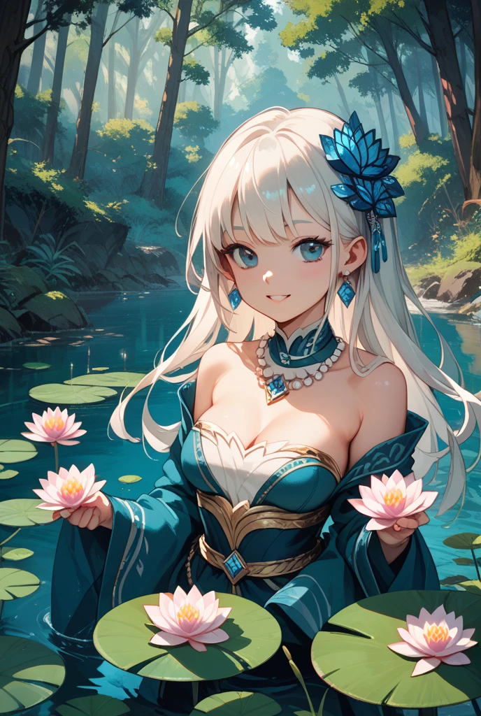 "Create a digital anime style illustration of a beautiful forest goddess。, Short White Hair. She wears a detailed white dress decorated with leaf and floral patterns.., Perfect for a fantasy theme. The dress design is active., Cover with additional fabrics and natural elements such as leaves and vines. Characters should have an elegant and mature appearance, like fairies., Look around 2, A calm look with expressive eyes. There is a rich background, A mysterious forest woven with soft light and shining plants, Enhance the mystical atmosphere."