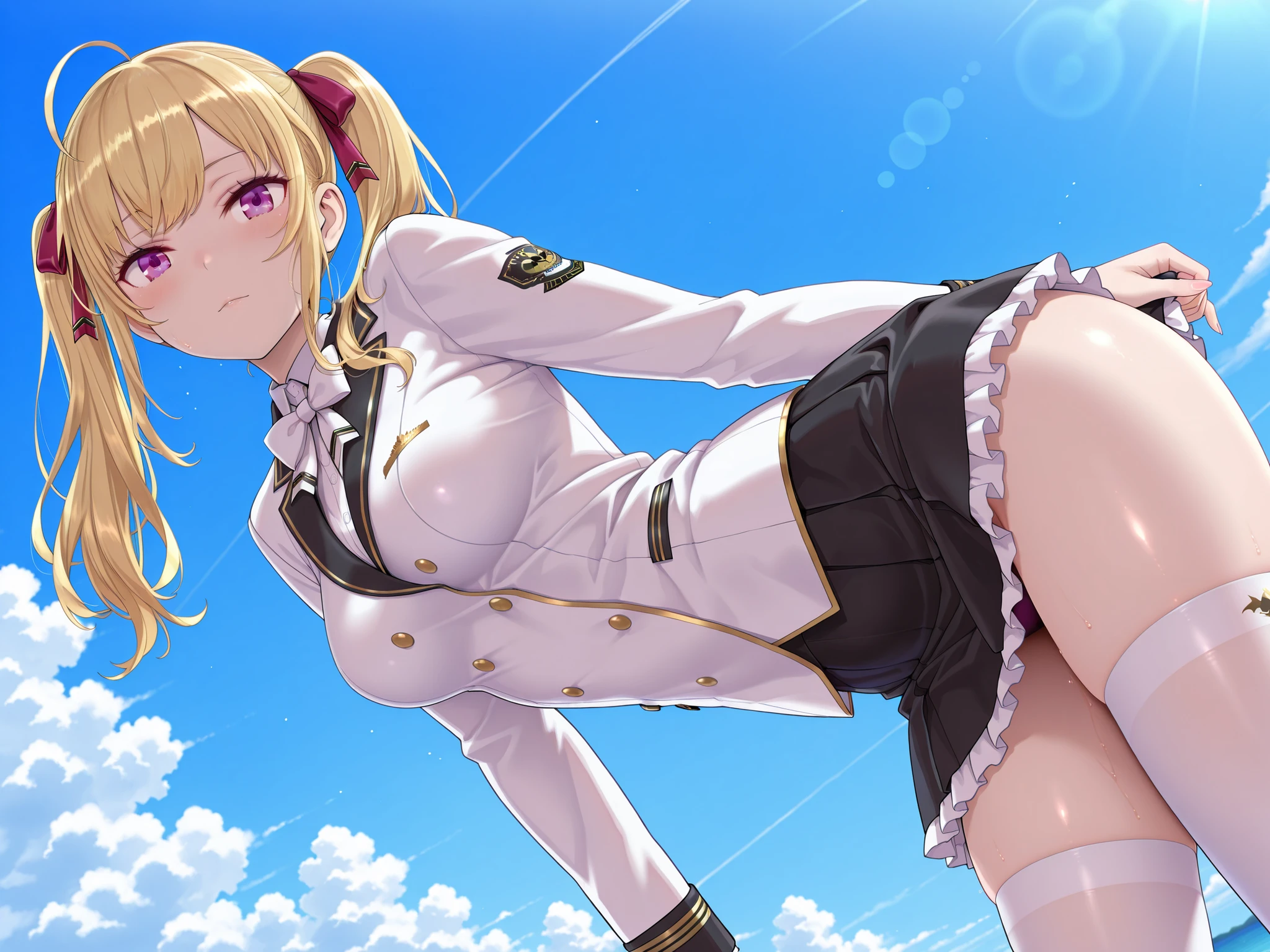 masterpiece, ultra-detailed, illustration, game cg, best quality, highres, kitagawa marin, 1girl, short fluffy blonde hair, swept bangs, gradient hair, red eyes, glossy lips, light smile, blush, medium breasts, military hat, red puffy miniskirt, white blazer, red thigh boots, standing, blue sky, looking back at viewer