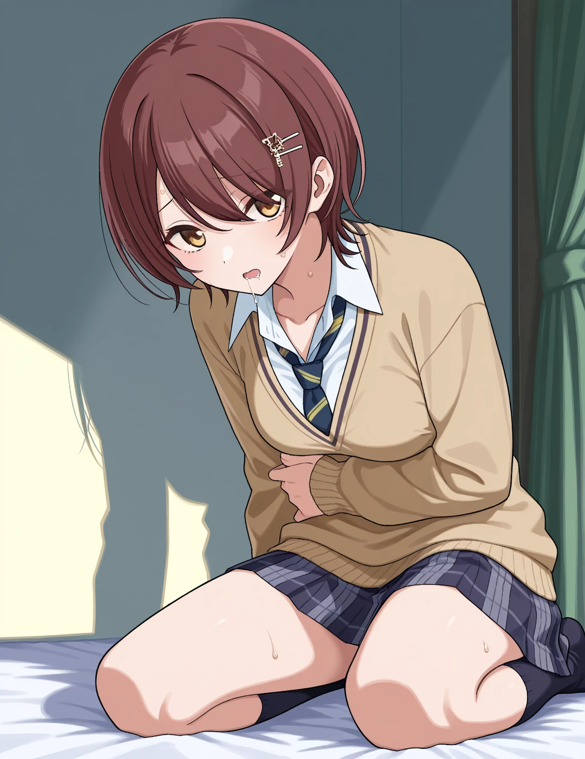 High resolution、rather long torso、Please wear appropriate formal attire、((small breasts))、((thin))、((grown adult woman))、((stretch your hands forward,))、(((The penis is inserted into the vagina))、((1 male))、spread your legs、((covered in ))、in agony、i feel it、craziness、NSFW、Misaka Mikoto、brown short hair、((Tokiwadai Junior High School uniform))、perfect feet、((I'm trembling))、(Hold both feet with your hands)、