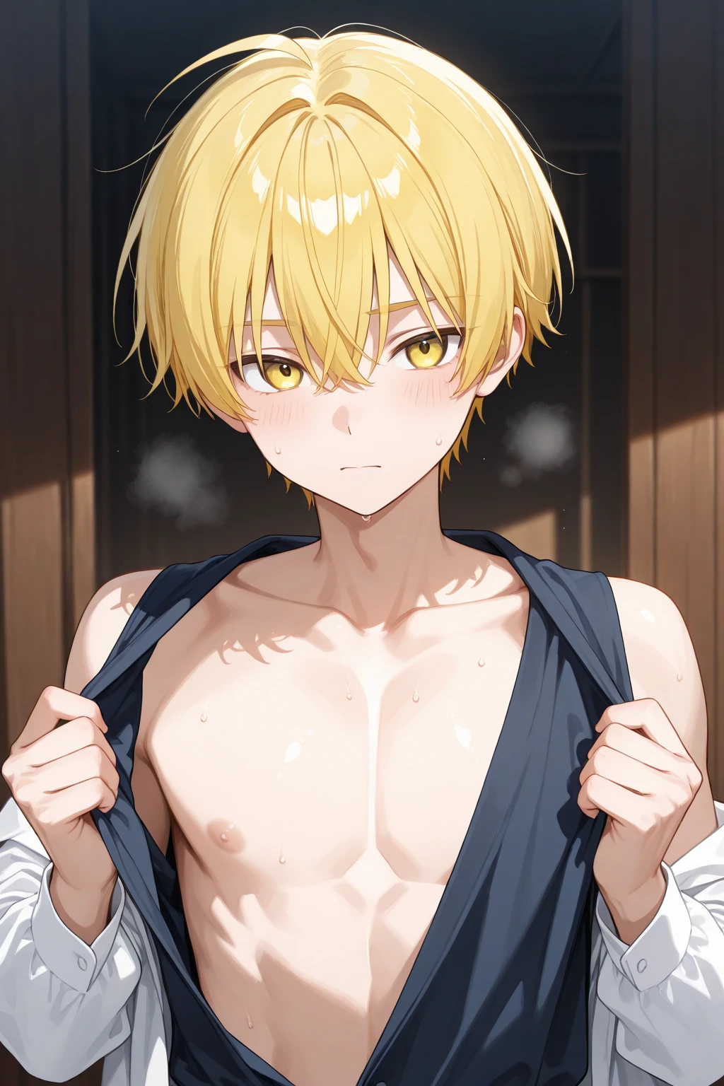 masterpiece, best quality, high quality, 1boy,10yo, , duo, male focus, full body, looking at viewer, yellow hair,spiky hairstyle, short hair, steam smork, japanese style, japanese anime coloring, shy, home muji style, detailed face, topless, white towel on waist