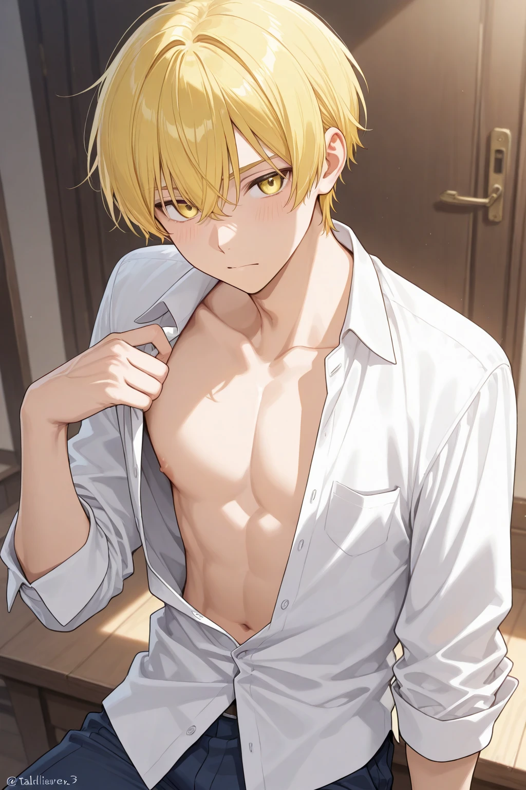 1man, male, handsome, open shirt, visible tummy, sexy, tanned skin, smirk, blonde hair, confident, armpit