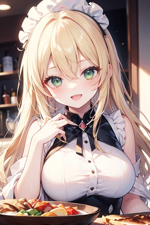 Masterpiece ,best quality , high resolution , (1 girl solo:1.38) , (mavis, long hair, blonde hair, (green eyes:1.5), ahoge, wavy hair) , (cleavage:1.2) , (medium breast:1.28) , (dress, white dress, collar, ribbon, red ribbon, capelet, long sleeves ) , (cleavage:1.15) , (big breast:1.1) , (face view , look at view) , (indoor, in kitchen , night , moonlight , windows ) , (leaning forward:1.3) , (standing , thighs ) , (cowboy_shot) , ( smile , open mouth , full face blush , shy )