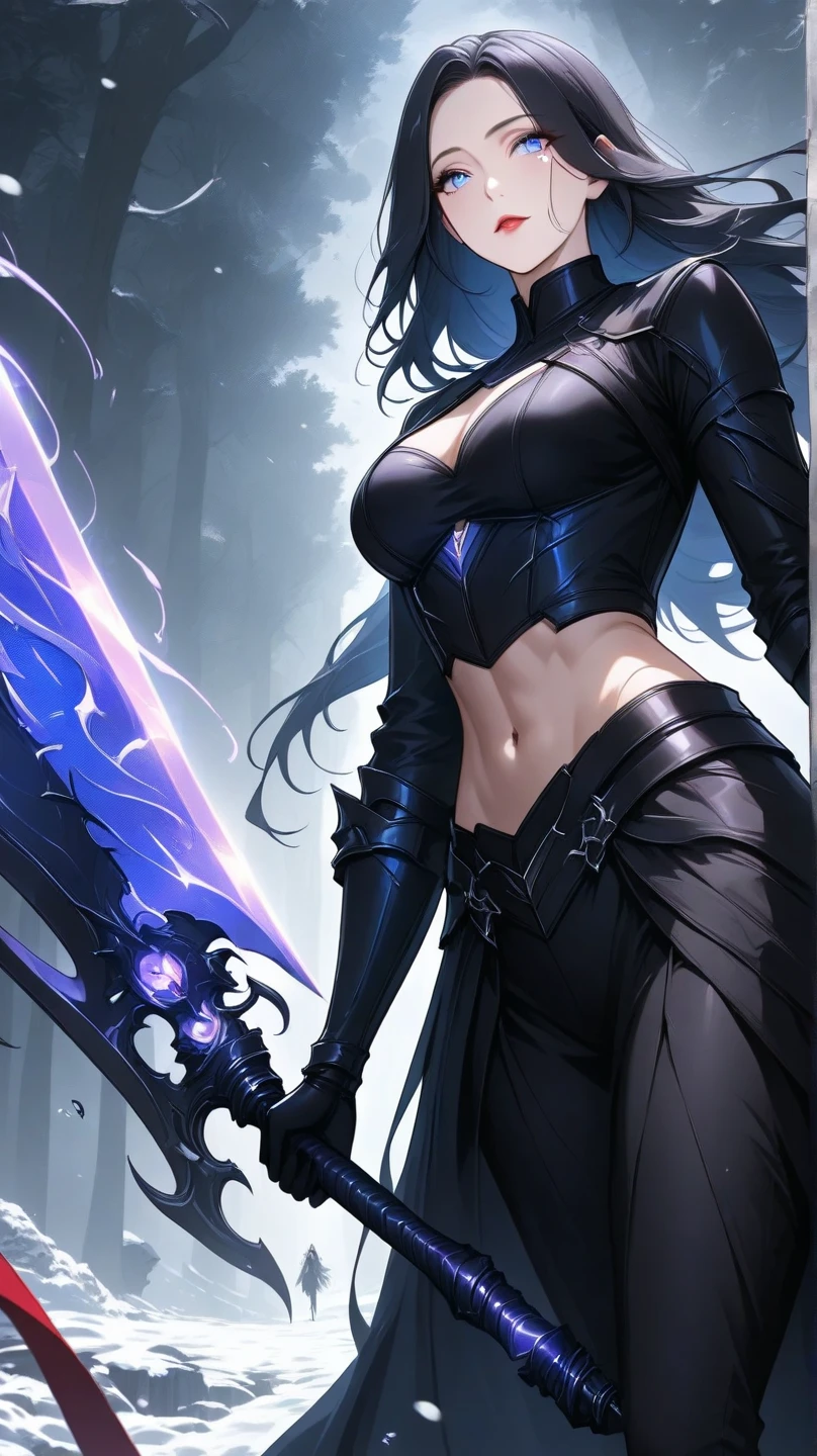 wo twin women while holding blue swords, ice swords, blue, blue aura, two women, twins, twin ice swords.HD lighting and dark )<=(epic image quality)dark atmosphere with bright particle light(many effects in background)
