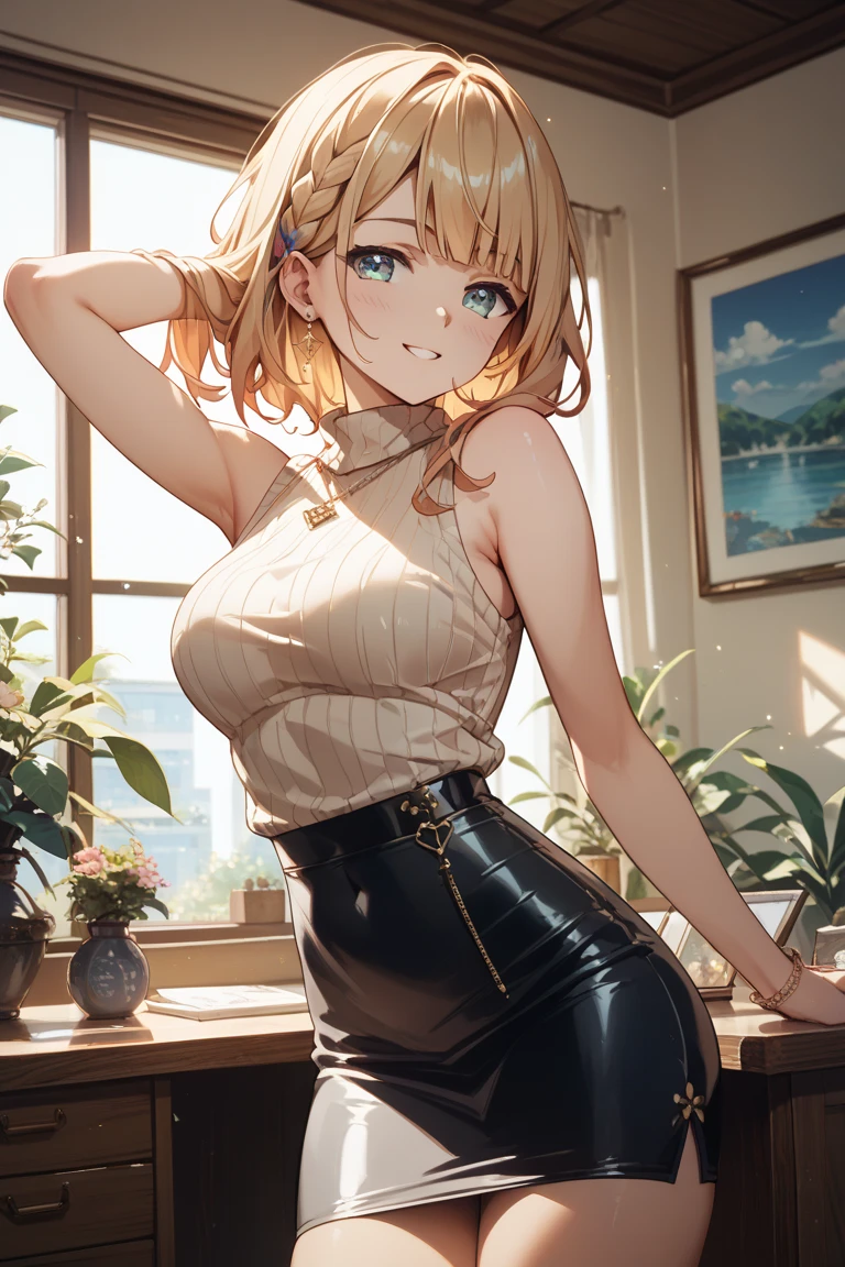 (highest quality, High resolution, perfect pixel, Depth of bounds written, 4K), upper body, (chair), (looking down), (detailed eyes), (1 lady), tall, (skinny body:1.2), (thin thighs:1.2), (Narrow hips:1.2), (black tube tops:1.4), bellybutton, sleeveless, middle breasts, (blond hair), (ponytail:1.2), (standing:1.2),  (denim skirt:1.2), (panty strap), (right hand on hip:1.2), (left hand behind head:1.2), contrapposto, (seductive smile), 