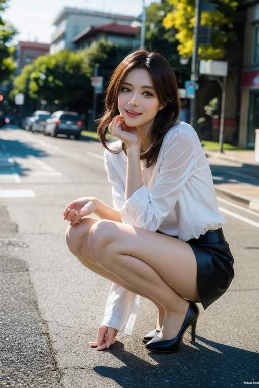 (Realistic, photo-Realistic:1.37),(8K, RAW Photos, Highest quality, masterpiece:1.2), cute, Ultra-detailed, Ultra-high resolution, Kodak Vision Color, Filmed with an Arricam LT camera, Bokeh, Sharp focus, Watching the audience,photoRealistic,Realistic, alone, photoRealistic, Highest quality,Highly detailed face,Highly detailed eyes and face, Detailed and beautiful eyes,Absurd, incredibly Absurd,An unforgettable smile,Medium Hair,22 years old、slender、Japanese、Skirt length up to the knees、Put on a jacket⦆, A bra top under the jacket、mini skirt、Shoes with black high heels、I'm not wearing stockings、⦅urban office district⦆、In MarunouchiOL、indoor、conference room、Inside the company、Inside the office、office、Work at a desk、Sitting in a chair、A woman working at a company in Tokyo、