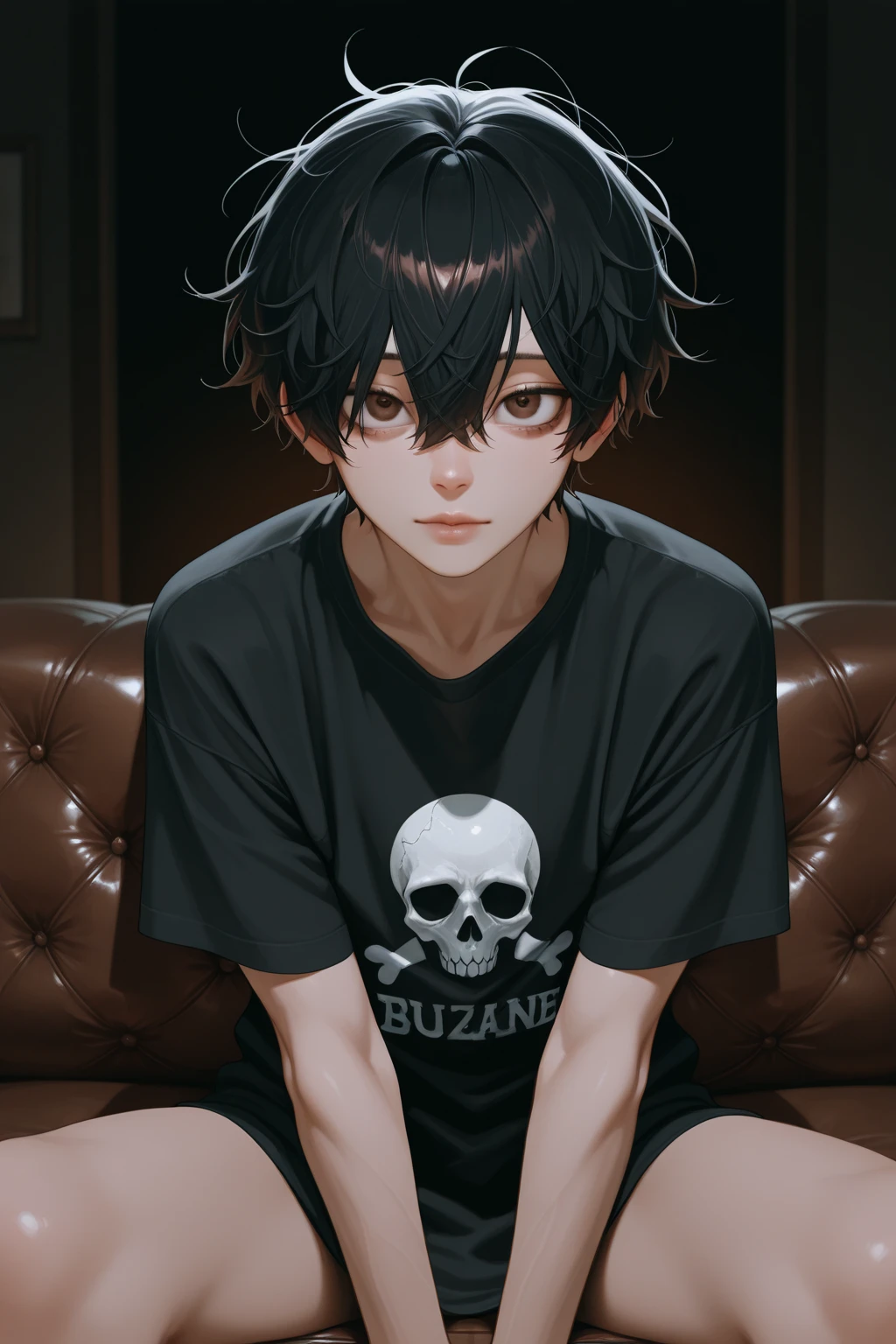 (masterpiece, 4K, best qualityer, Super Detailed in Eyes and Face) Tall man, sad boy, Short Straight Black Hair, eyes black, Skull Choker, Gray T-shirt on top with a Sad Little Ghost Printed on It, Black Shirt With Long Sleeve Bottom, Pose: the side looking at the Camera Thoughtful Expression, Emo Aesthetic Background, Handsome.