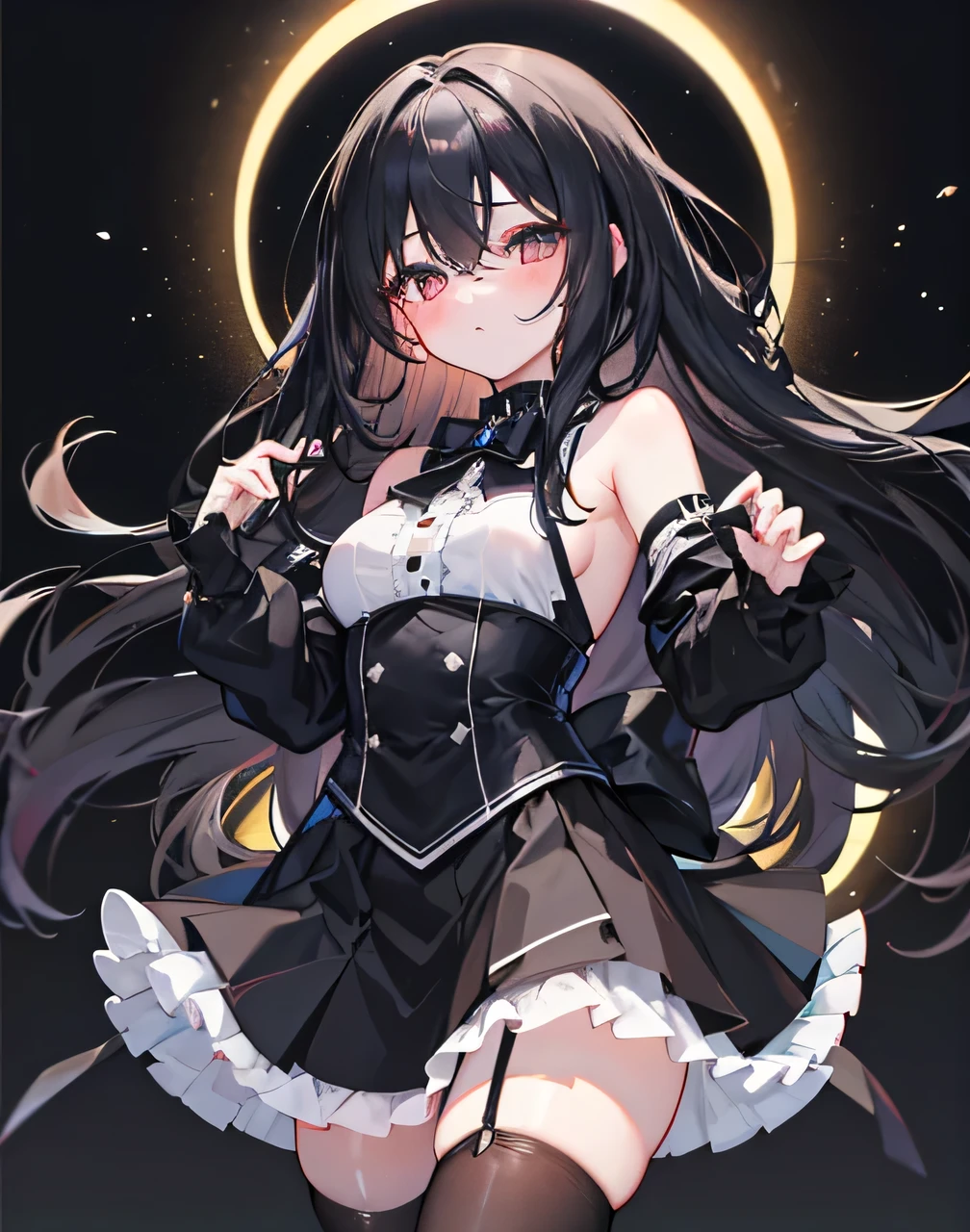 (((masterpiece))),best quality, extremely detailed CG unity 8k, illustration, contour deepening beautiful detailed glow,(beautiful detailed eyes), (1 girl:1.1), ((Bana)), large top sleeves, Floating black ashes, Beautiful and detailed black, red moon, ((The black clouds)), (black Wings) , a black cloudy sky, burning, black dress, (beautiful detailed eyes), black expressionless, beautiful detailed white gloves, (crow), bat, (floating black cloud:1.5),white and black hair, disheveled hair, long bangs, hairs between eyes, black knee-highs, black ribbon, white bowties, midriff,{{{half closed eyes}}},((Black fog)), Red eyes, (black smoke), complex pattern, ((Black feathers floating in the air)), (((arms behind back)))