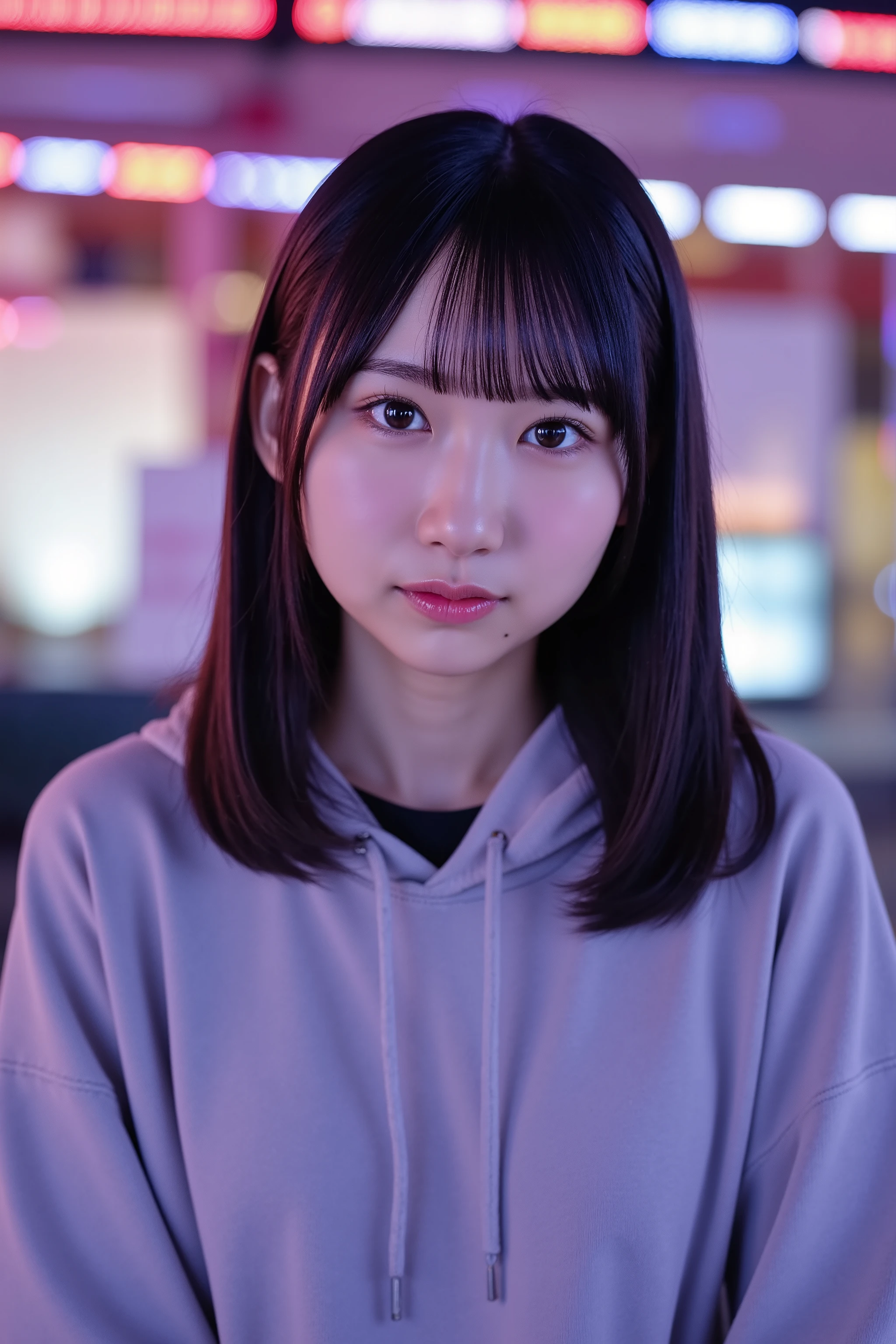 This photo shows a cute Japanese woman, gray hoodie, The image is of very high quality, with clear skin texture. The focus is on her face. The focus is very sharp. Her whole body is in the picture. Her facial expression is sexy. She is facing forward. She has shiny black hair. Her skin is beautiful, fair, finely textured, and even. Her breasts are small and firm. neon, LED light,