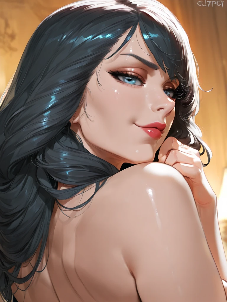 Curvy blue eyed girl with long wavy black hair and small breasts,