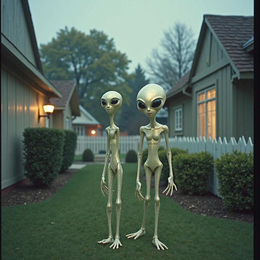 Best quality, masterpiece, two figures with balloon heads, wearing pastel-colored one-piece dresses, house front background, detailed skin expression, detailed image texture, grotesque, horror, creepy atmosphere (not AI image), cloudy weather, foggy