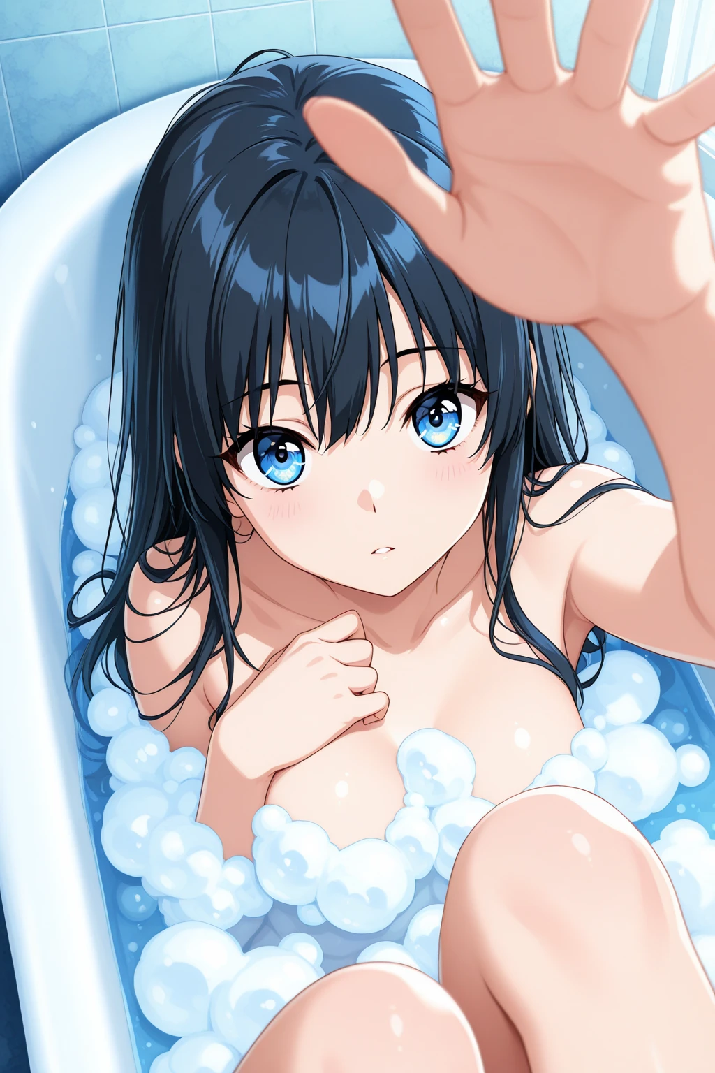 NSFW, (nude), (lovelive!),  (Very beautiful black hair),  (​masterpiece:,1.2 Top Quality:1.2, in 8K, 2D, Animated GIFs:1.2, THE ULTIMATE ANIME ILLUSTRATOR:1.2, ciinematic light, High resolution), 1 slave, (very beautiful shorthair), (kawaii faces), (More eyelashes), (Blue eyes, Amazing eyes), ((The focus of her face:1,3)), ((Close her face:1.2)), very close to the face from above,, kawaii,  Good, Smile