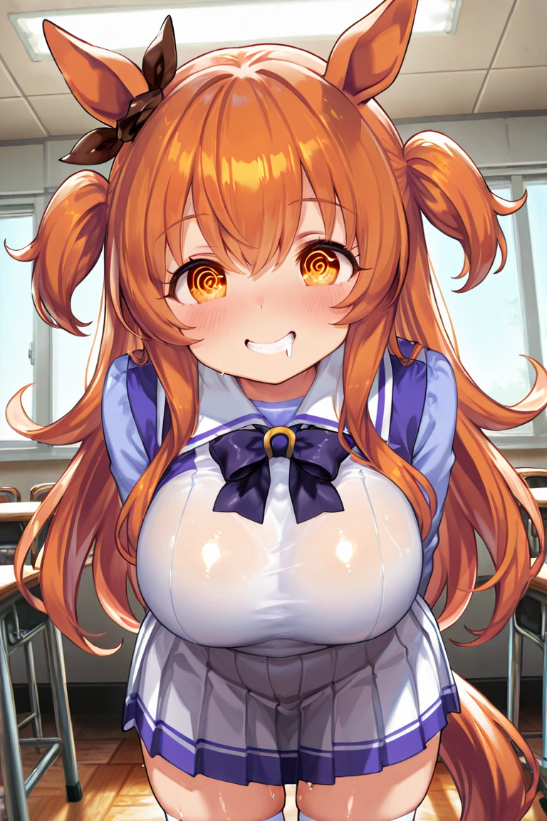 (((hinatsuki mikan,orange hair,green eyes,sidetail hair,one side bun head,green hairbow))),((Perfect body,))((Super beautiful,))((High quality,)), (sweaty,) (wet all over,) blush,saliva, steam,collar,pov, Looking at Viewer,gigantic breast,nipple,fellatio,blowjob, deep throat,Titty fuck, pinch penis between breasts,paizuri,cum onm face and hair,magical girl costume,