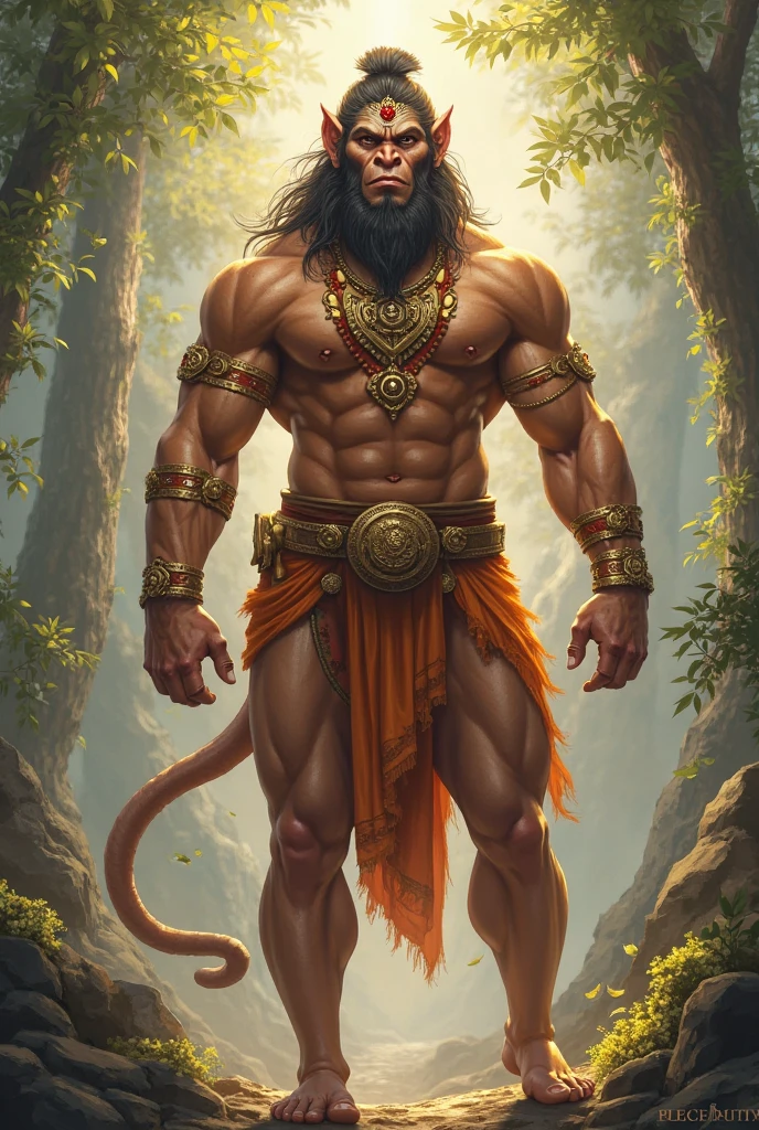 Bhima, confident in his strength, attempts to lift the tail of monkey but finds it immovable. Despite his efforts, the tail of monkey does not budge.