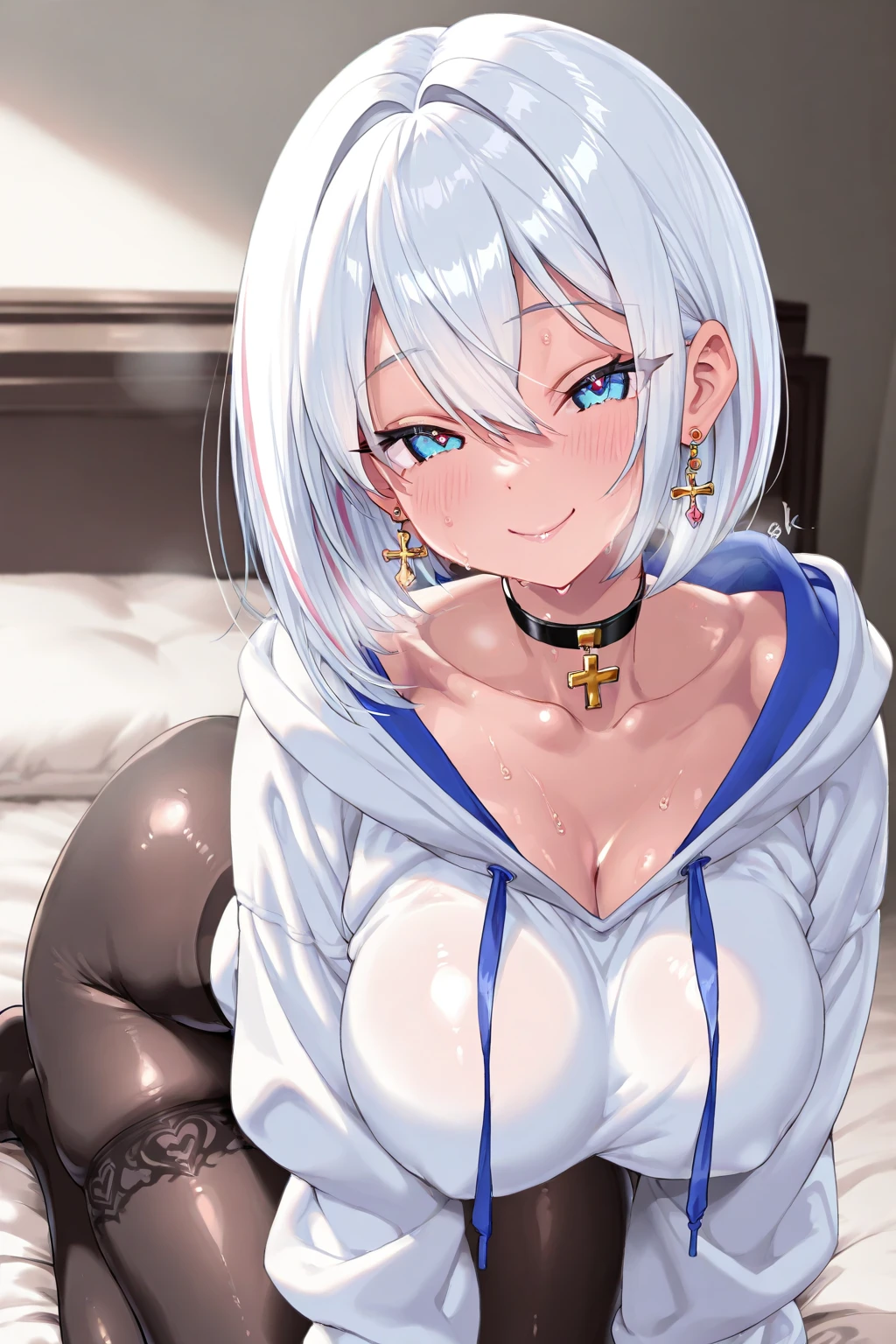 (Browsing Caution), 1 boy, ((penis)), (((Handjob))), Woman with dark skin、Completely naked、((Dark Skin)), Beautiful silver hair、((((Very short hair))))、French Braid、Sky blue eyes、Beautiful Eyes、(hair band)、(((Blunt bangs))), ((Medium Chest)), Pink nipples, 24-years-old、Tight waist, night、Luxurious Japanese-style room、On a luxurious futon、Long flower hair ornament、blush、Embarrassing、Upper Body, From above, 
