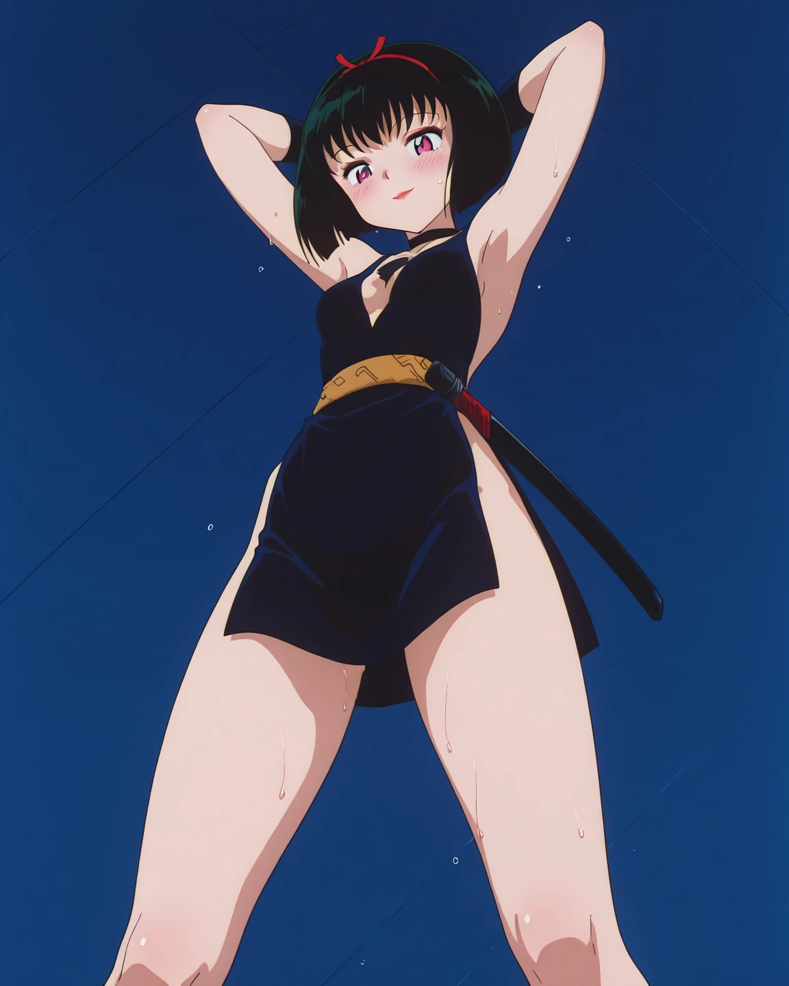masterpiece, best quality, highres, 1girl, solo, superhero, leotard, blue and white leotard, bare legs, brown hair, short hair, brown eyes, hairband, medium hair, ribbon, boots, matching boots, blue boots, medium breasts, cowboy shot, standing, smile, haruhi suzumiya, kyoani haruhi style, sleeveless, spread arms, spinning like a tornado, cyclone spinning, rapid gyration, super power
