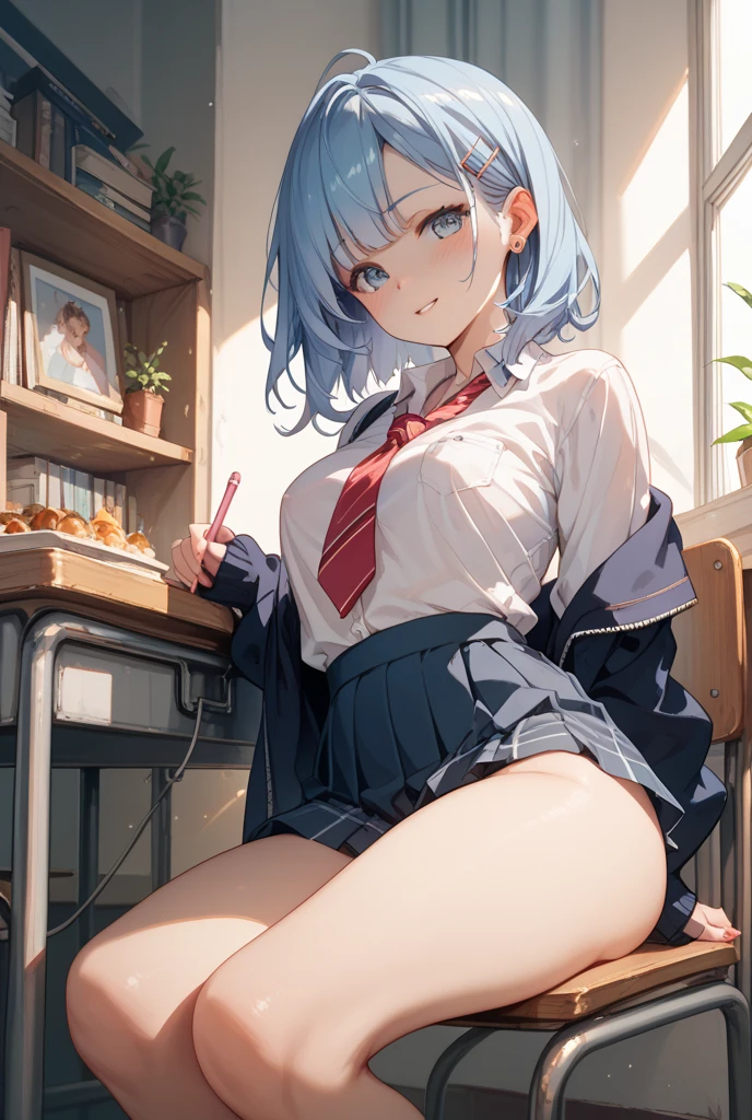 (8K, 最高quality, Tabletop:1.2)、超High resolution、Bright blue hair、blue eyes、 girl、Small breasts、Braided half bob hair、uniform、Me in a knitted cardigan、 girl、Looks about 15 years old、Petan Musume、In the classroom、(missionary, 1boy, penis, lying, vaginale, ass pov,sex, nsfw)、quality, High resolution, Very detailed, Detailed Background, Perfect lighting、masterpiece、Best image quality、最高quality、、 (cryin) ,Cute Characters, Most detailed, 高quality、nose blush、steam、Oblique angle、Shiny Hair、Very fine and beautiful bright eyes、 scared、Very detailed, clear and beautiful face、Slender body、Awards, Anatomically correct、((Scared))