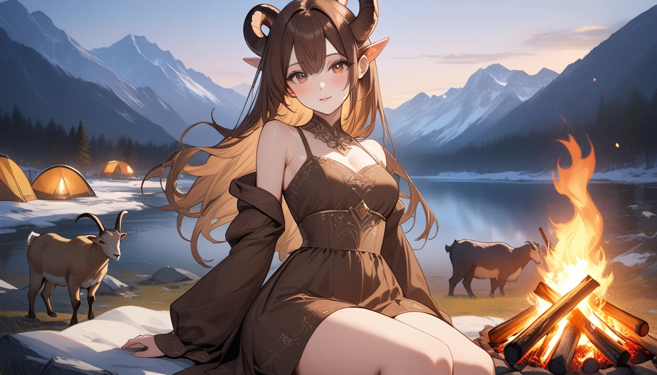 Anime style, big girl, moose girl, horns, moose horns, big horns, estetic big body, big breast, wide horns, pine forest, 8k, very long brown hair, lying on the grass, short skirt, cute, shine in eyes, view from above, high quality, view from afar, side view, small mouth, open mouth, brown t-shirt,