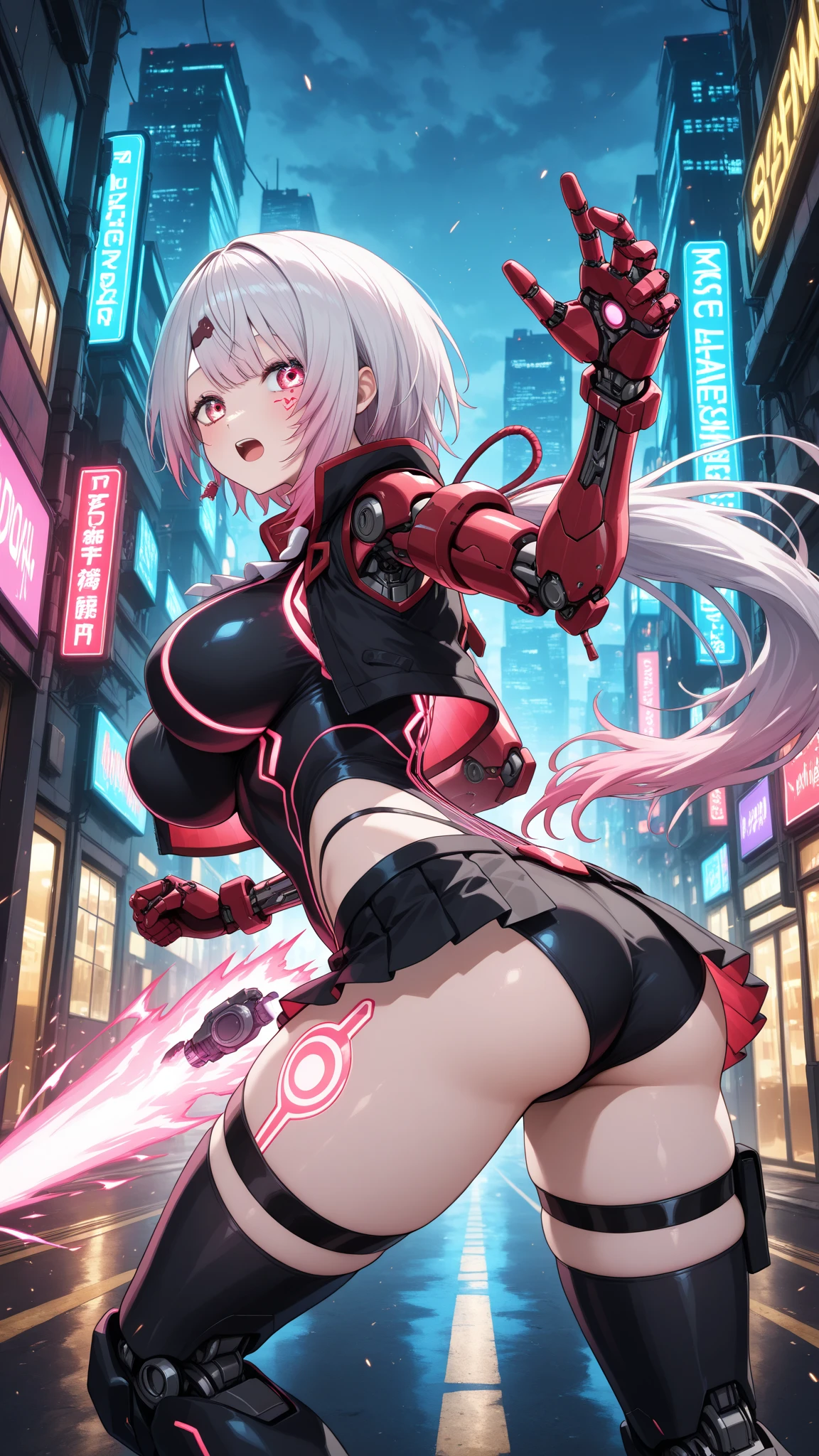 masterpiece, best quality, high detail, solo, mature (ZentreyaCyborg) on street, vehicle, yellow eyes, angry, short hair, hair between eyes, mechanical horns, shiny red bodysuit, black jacket, headset, headgear, mechanical legs, dynamic pose, scifi, cyberpunk <lora:CHAR-ZentreyaCyborg:0.85> neon light <lora:add_detail:0.4>