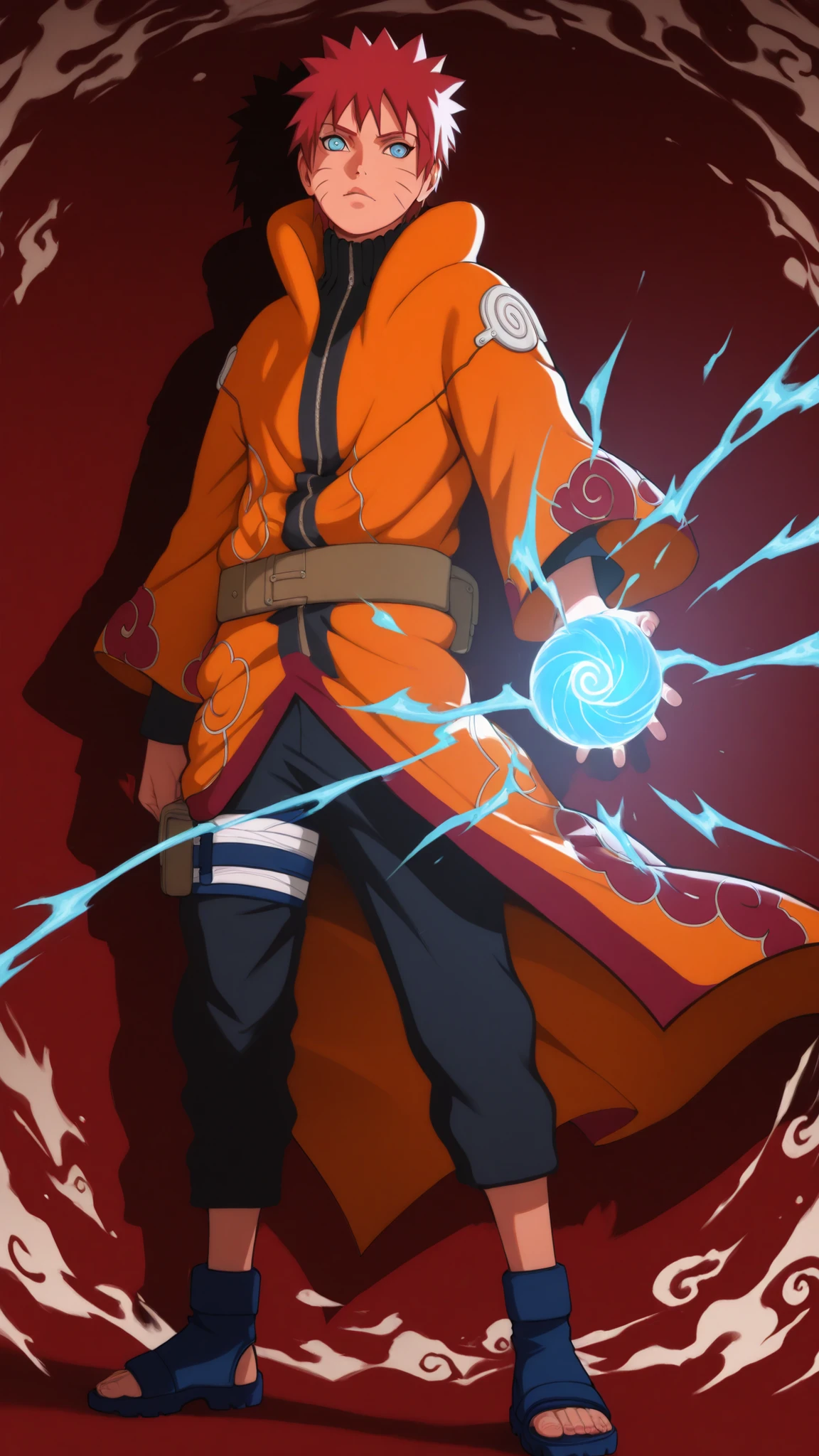 flat color, WaifuDiffusionStyle, neutral background, white splash stylized outline background, 1boy, ((uzumaki_naruto)), whisker_marks, red_hair, blue_eyes, stern_expression, orange_robe, brocade_patterns, wide_sleeves, high_collar, ornate_belt, crimson_gems, leather_boots, tall_stature, confident_stance, windswept_hair, stylized_art, warm_soft_lighting, holding huge blue rasengan of energy