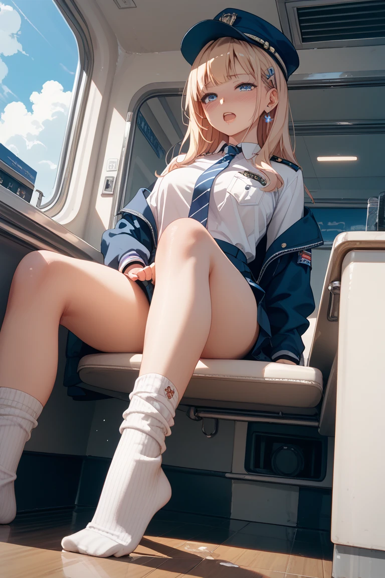 Feet on the floor、on the train、Sit on a chair、Train seats、Gal, (Anatomically correct,),masterpiece, highest quality, Raw photo, Photorealistic, face, unbelievably ridiculous, Beautiful girls, cute, Blunt bangs, Depth of written boundary, High resolution, 超detailedな, detailed, ighly detailedd, extremely detailedd eye and face, Sharp pupils, Realistic students, Sharp focus, Cinema Lighting, pale and tanned skin,alone,woman,(panties), (Short-sleeved sailor suit:1.2),Loose socks,  ((Sensual;1.5)), Glamour, big breasts,Sunburn marks on tanned skin
