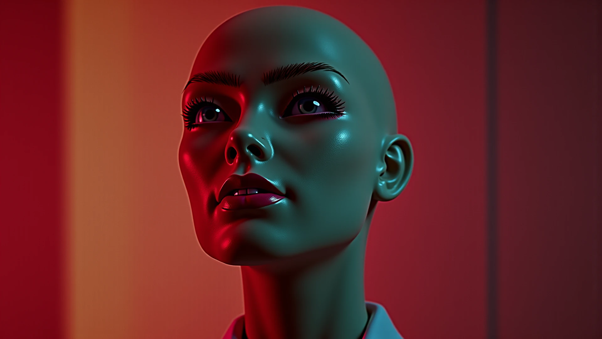 a copper digital human made of PVC inspired by 3d art, Beeple, cinema 4 d, cyberpunk art, net art , in a woman in a green dress is holding a pink scarf<lora:digital_human:1.0>