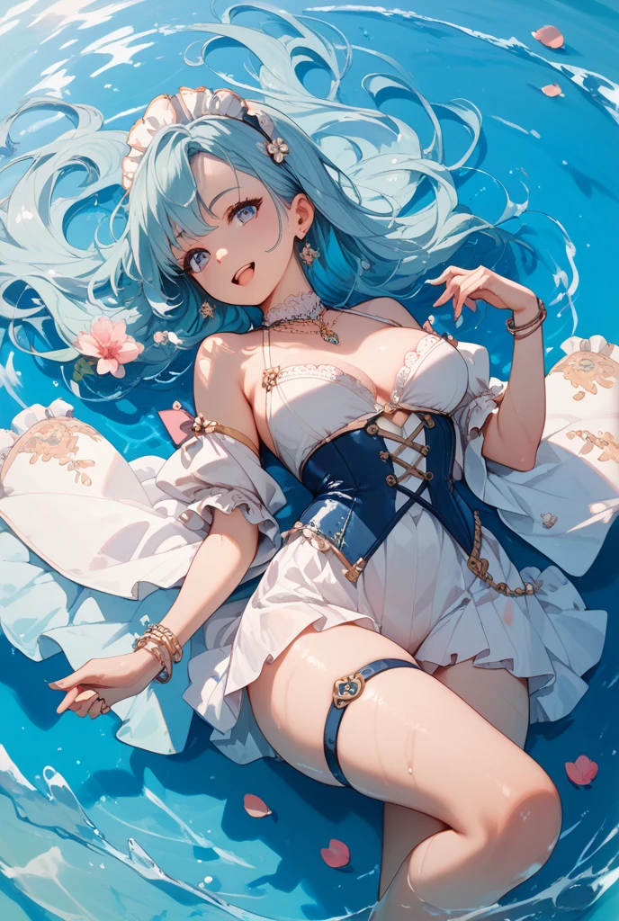 (water photo:1.1, in blue waterfront garden:1.5), Masterpiece, best quality, (very detailed CG unity 8k wallpaper), (best quality), High definition RAW color art, Animation,sculptures, (black Marble Skin), (((Ultra detailed elegant))), Magical atmosphere, Detailed skin, Texture,(Intricately detailed, Fine detail, ultra-detail art), depth of fields, bokeh, Silky Touch, Hyper Detail, beautiful eyes, Elegant Face, (lying on pastel white waterfront, morning glory), sparkle background, enormous breast:1.3, (silver hair), pastel purple, embarrassing red face, wide open udder, shorthair, nsfw frill bikini, fat, upper body focus