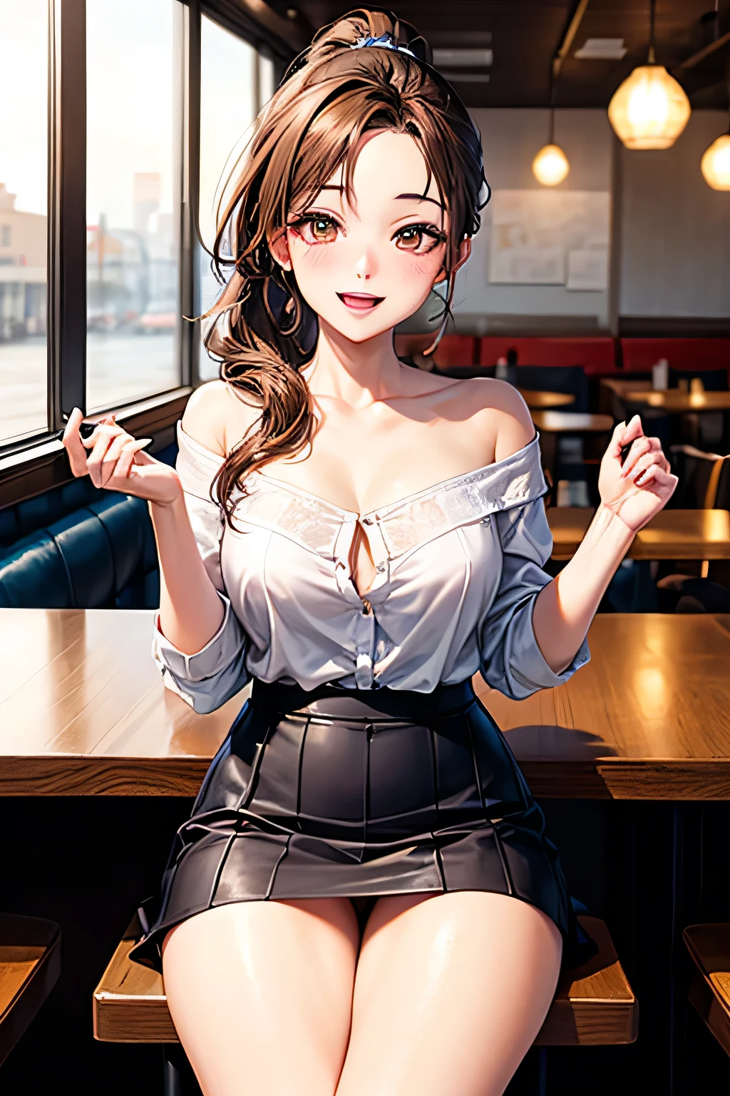 Beautiful woman medium hair ,sit ,Crossing your legs,Expose ,restaurant,Happy , Dutch Angle,Cleavage,Big Breasts,mini skirt