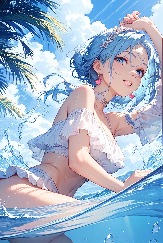 (Sky blue hair),(Braided hair tied together)、Pink eyes、Fair skin、(whole body)、(One Girl)、bikini、Shining white sand beach in midsummer、Okinawa's ocean、A happy smile、、(masterpiece、Highest quality、Very detailed、Best Shadow)、(Detailed Background)、(Beautifully detailed face)、High contrast、(Best lighting、Very delicate and beautiful)、((Cinematic Light))、colorful、Hyper Detail、Dramatic Light、Exquisite detail、Jumping and having fun
