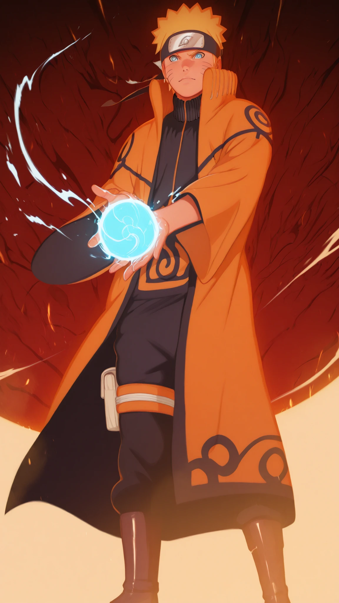 flat color, WaifuDiffusionStyle, neutral background, white splash stylized outline background, 1boy, ((uzumaki_naruto)), whisker_marks, red_hair, blue_eyes, stern_expression, orange_robe, brocade_patterns, wide_sleeves, high_collar, ornate_belt, crimson_gems, leather_boots, tall_stature, confident_stance, windswept_hair, stylized_art, warm_soft_lighting, holding huge blue rasengan of energy