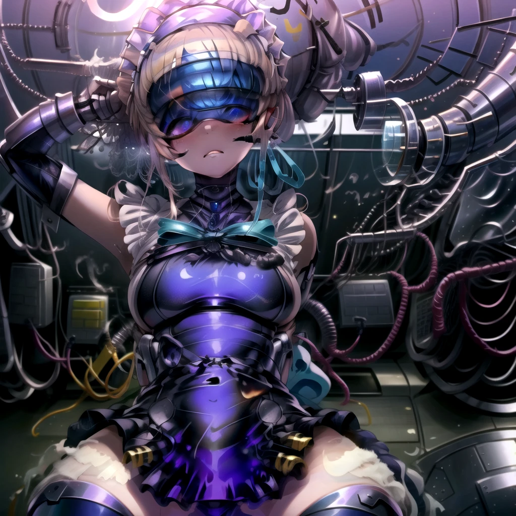1 Girl, whole body, He has a large metal helmet on his head that covers his hair and eyes., tube, wire, She gets electrocuted, brainwashing
