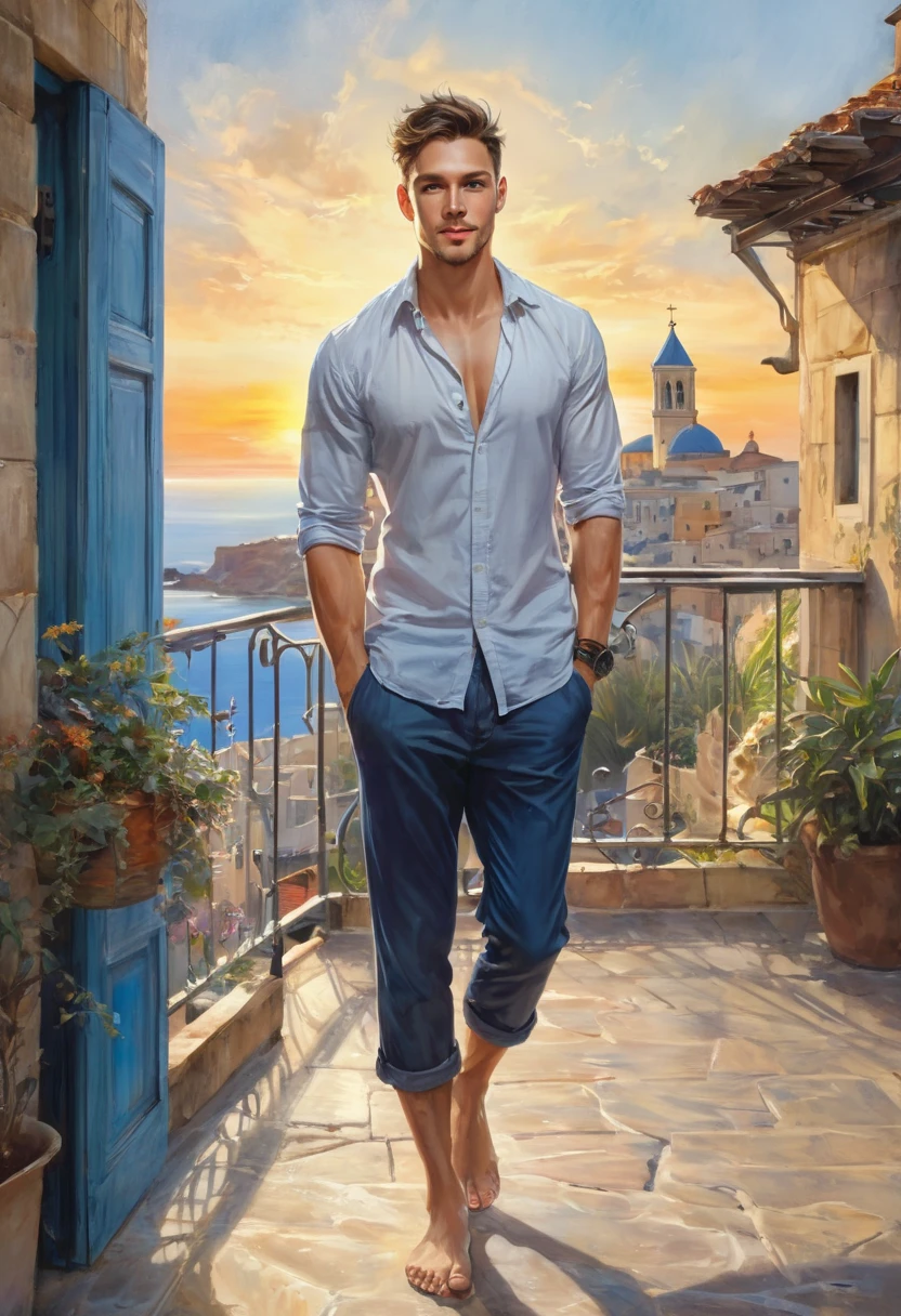 full body, 20 years old man, shirtless, barefoot, beautifull, gorgeous, perfect realistic detailed muscles, muscled legs, adorable face, taller, masculine gaze, confident look, soft perfect white skin, barefoot, blue eyes, perfect anatomy, portrait, a painting of a young man Pencil Sketches by Albert Eckhout enchanting, He walks along the terrace of a building, with a church in the background on a beautiful sunset in the Mediterranean Sea fullcolor, sticker of a full body picture of a beautyfull young man, highly detailed beautyfull face, freedom, soul, digital illustration, approaching perfection, dynamic, highly detailed, watercolor painting, artstation, concept art, smooth, sharp focus, illustration in the style of artists like Russ Mills, Sakimichan, Wlop, Loish, Artgerm, Darek Zabrocki, and Jean-Baptiste Monge