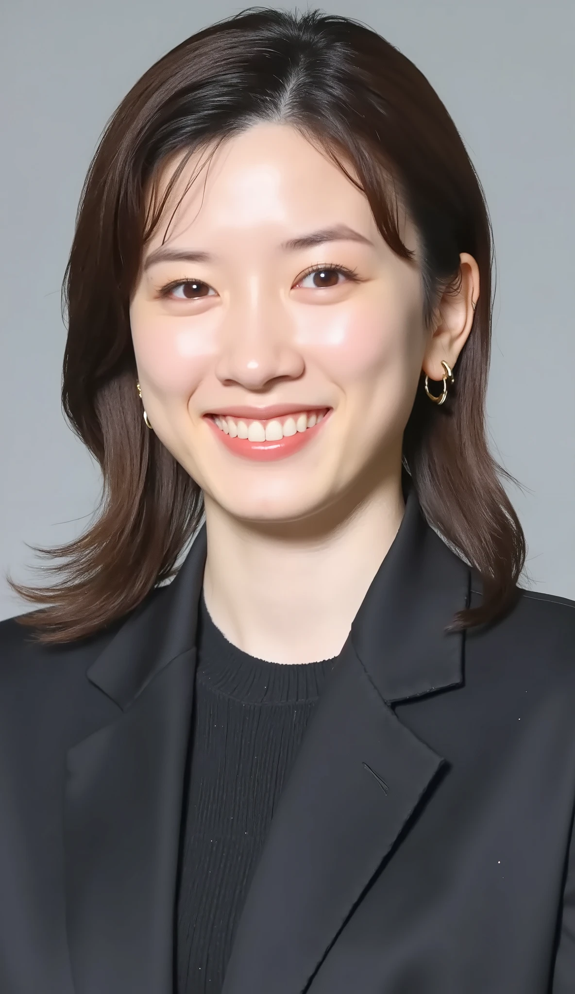 Neat Young Woman、and look at the camera、office lady suit、jacket、shirt、necklace、ear piercing、薄い茶髪、髪型ボブヘア 、、smile showing teeth、、background is office
