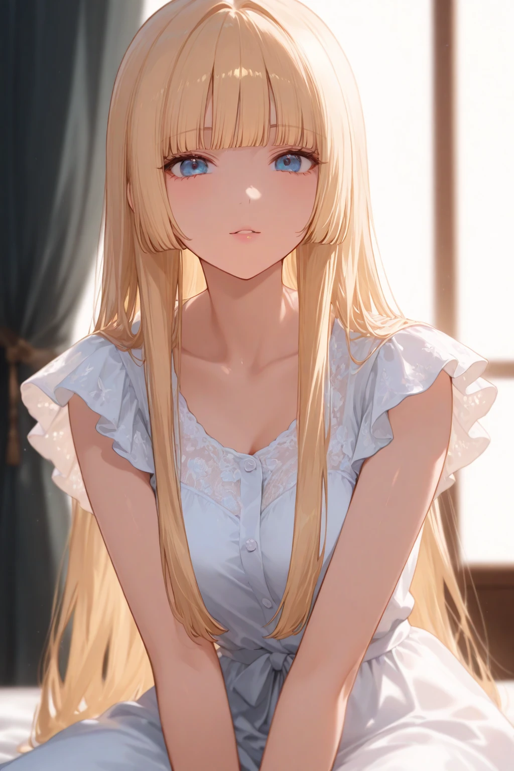 side angle, (looking away:1.5)、hand on own cheek、looking up, Cleavage、Biologically correct five fingers、Upper Body, Realistic, real person, (pale skin: 1.2), RAW photo, photorealistic, shiny skin, shiny hair、(A 25-year-old woman with medium-length hair and bangs) and (wavy hair) and (Blonde Hair) and (green eyes) , BREAK (white) and (off shoulder blouse) BREAK 、 (embarrassed:1.5), The background is the living room、Alone、Are standing