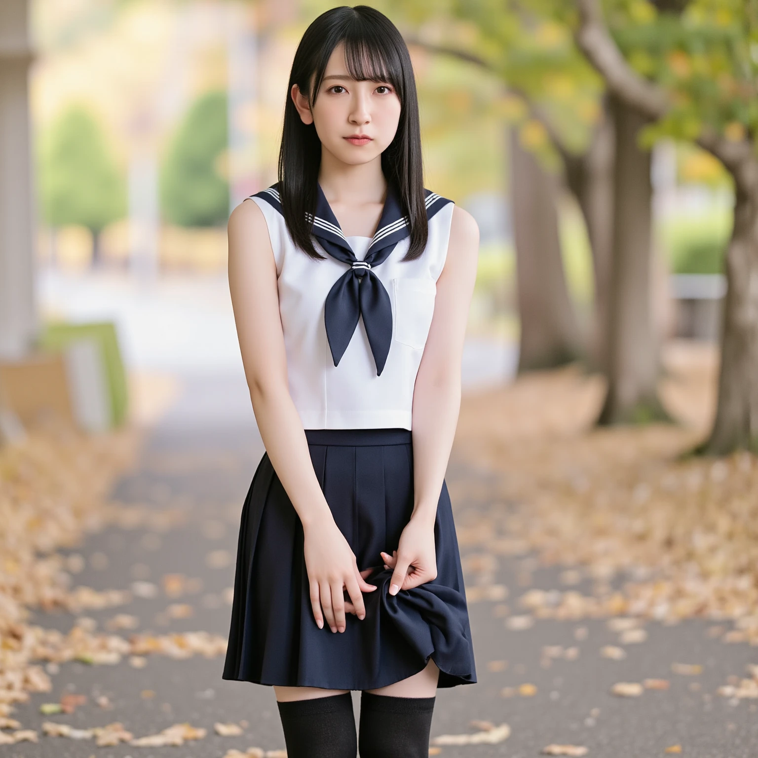 Super detailed,Highest quality,1 high school girl,Wearing a uniform,Pleated skirt,Black Loafer Shoes,Standing on the sand at the seaside,Illuminated by the summer sun,Posing for a photo,The distant background is blurred